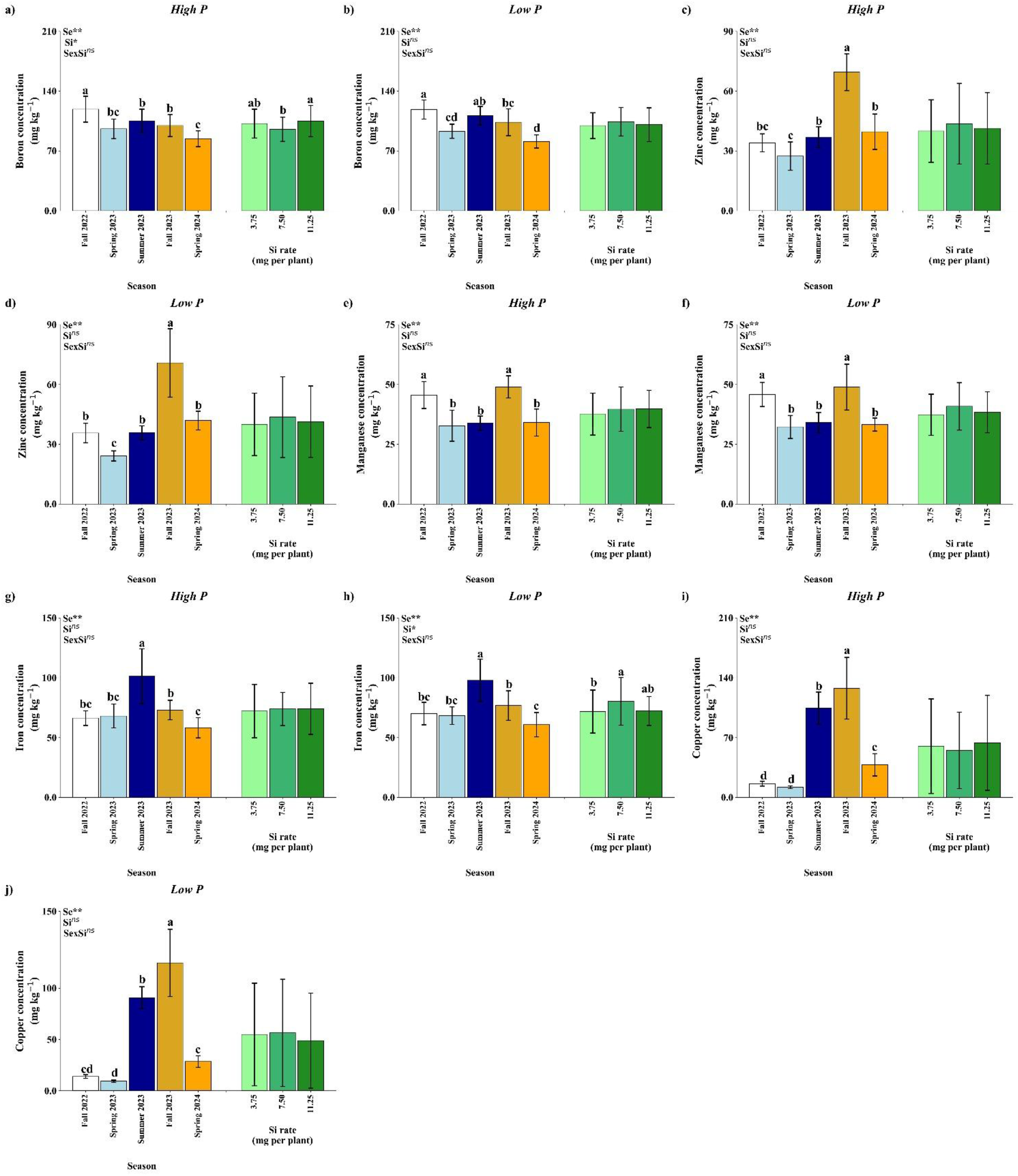 Bar graphs show the concentration of micronutrients—boron, zinc, manganese, iron, and copper—across different seasons and silicon rates for high and low phosphorus conditions. Panels are organized by nutrient and phosphorus level, indicating variations in concentration with standard deviation bars for each group.