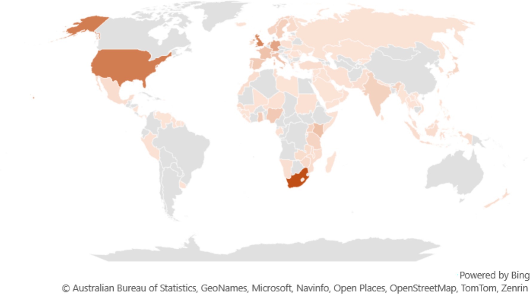 World map highlighting countries with varying shades of orange, indicating different levels of a specified metric. The United States and South Africa are the darkest, suggesting higher values. Lighter shades are seen in parts of Europe and South America, with other regions in lighter or no color.