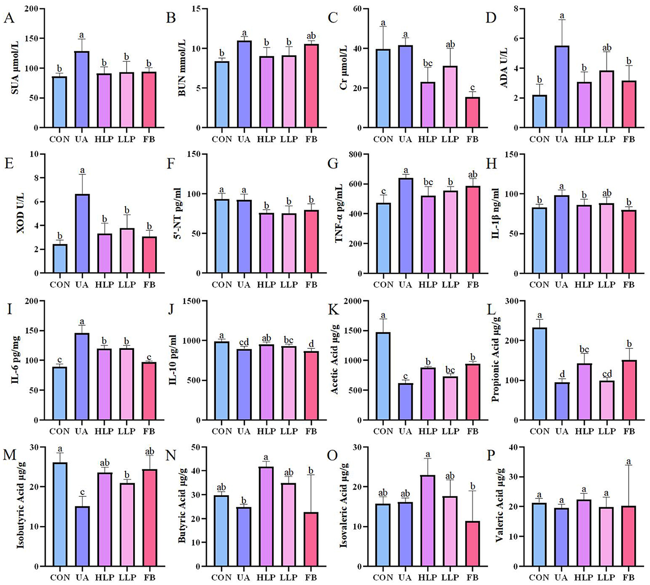 Bar chart collection showing various biochemical parameters compared across five groups: CON, UA, HLP, LLP, and FB. Each sub-chart (A to P) represents different parameters such as SUA, BUN, Cr, ADA, XOD, and others, with significant differences indicated by letters a, b, c. The y-axes display measurements in different units like micromoles per liter, nanograms, or picograms per milliliter. Errors bars show variability, highlighting significant contrasts among the groups for each parameter.