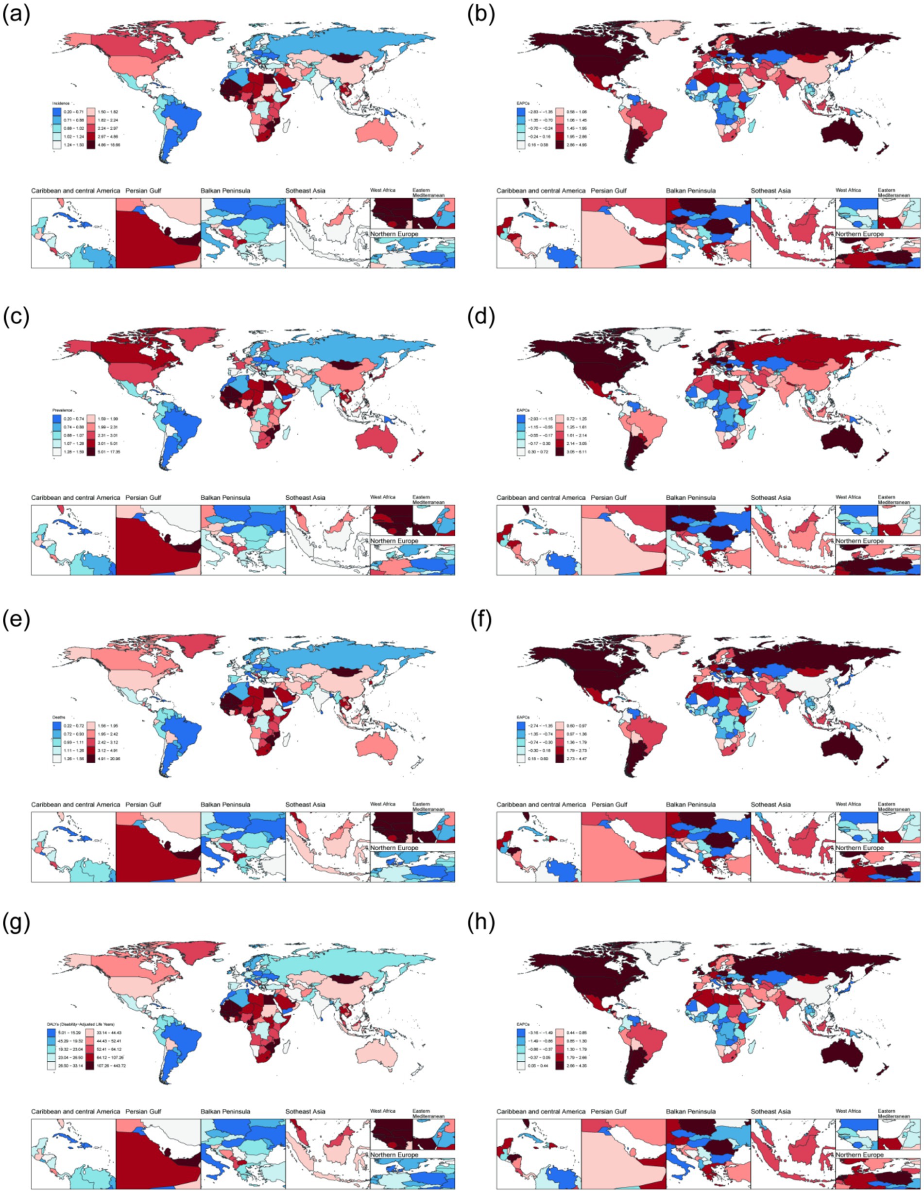 Eight world maps labeled a to h display data with color gradients, highlighting geographic regions such as the Caribbean, Persian Gulf, and Southeast Asia. Each map includes smaller zoomed-in maps for regional details. Color codes range from blue to red, representing different scales or metrics. Each map uses consistent color coding for comparison, with legends indicating numerical ranges for the data visualized.