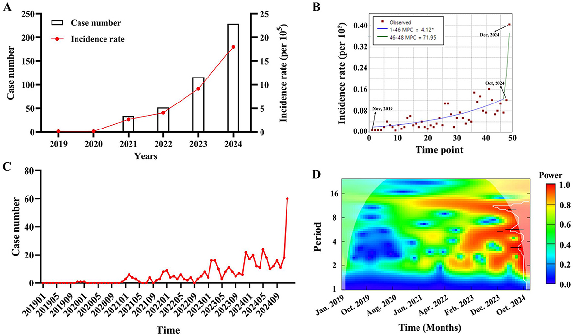 Rising trend in human psittacosis case numbers and incidence rates from 2019 to 2024. Panel A shows annual case number and incidence rate. Panel B shows the average monthly percentage change by specific time intervals. Panel C presents case numbers over time points. Panel D displays power variations over time from January 2019 to December 2024, with periods on the vertical axis and a color scale indicating power levels.