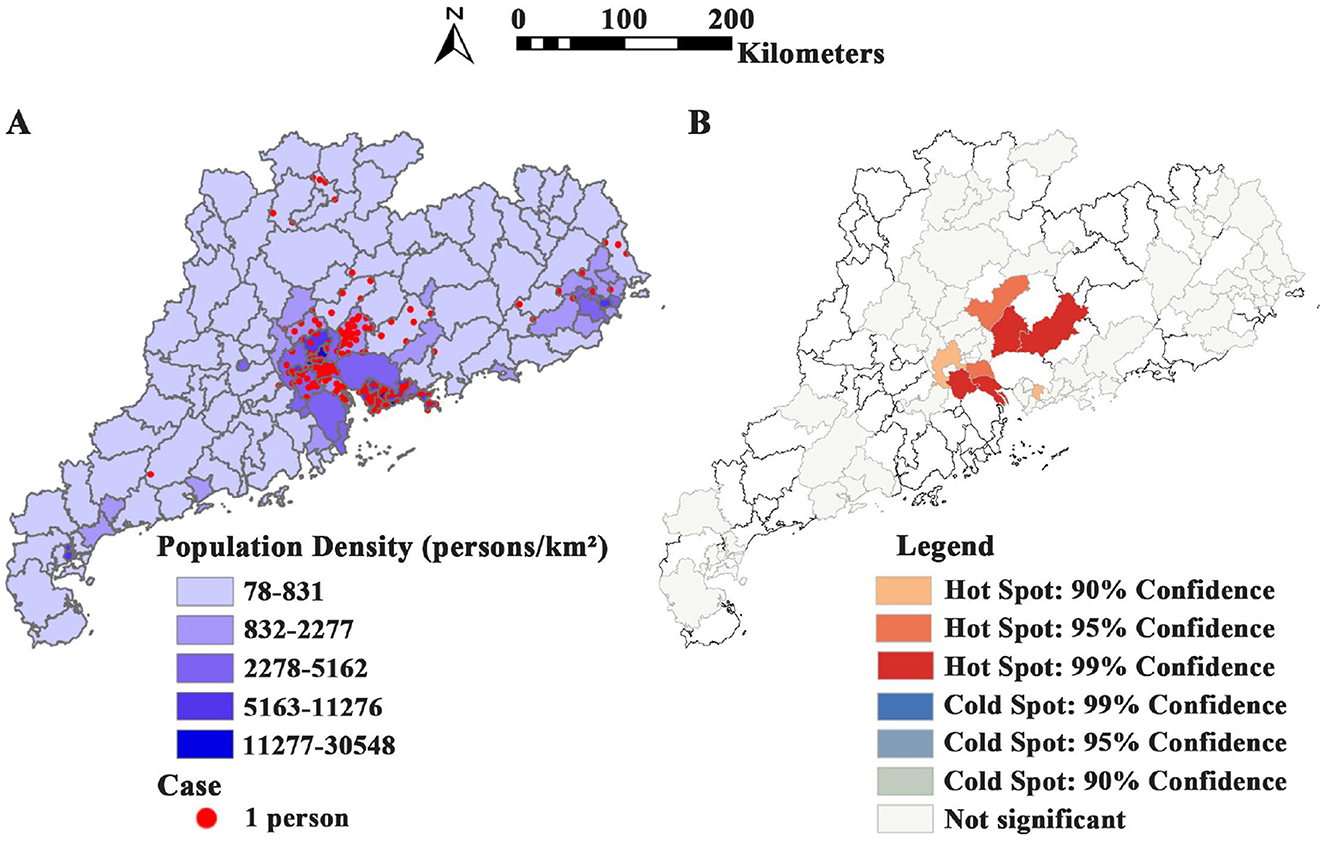 Geographic distribution of human psittacosis cases in Guangdong Province. Panel A illustrates population density in persons per square kilometer, with different shades of blue indicating varying densities and red dots represent individual cases. Panel B shows cumulative distribution of cases using hot spots and cold spots with different confidence levels using color coding. A scale in kilometers and a north arrow are included for reference.