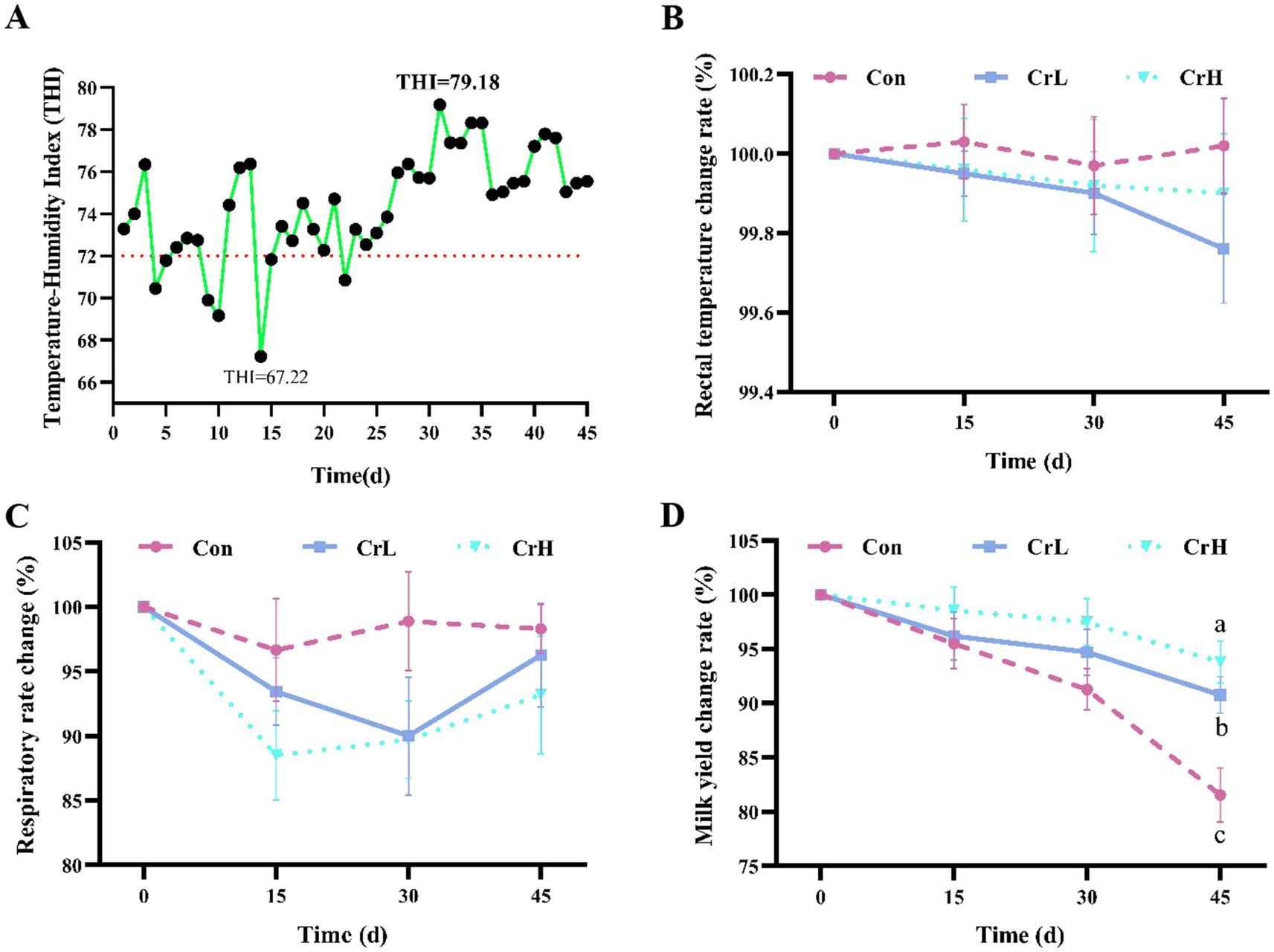 Four charts showing data over time:A) Line graph of Temperature-Humidity Index (THI) ranging from 67.22 to 79.18 over 45 days.B) Line graph comparing rectal temperature change rates among three groups (Con, CrL, CrH) over 45 days.C) Line graph of respiratory rate change across the same groups.D) Line graph showing milk yield change rates, with varying decline for each group.All graphs use a 45-day timeline.