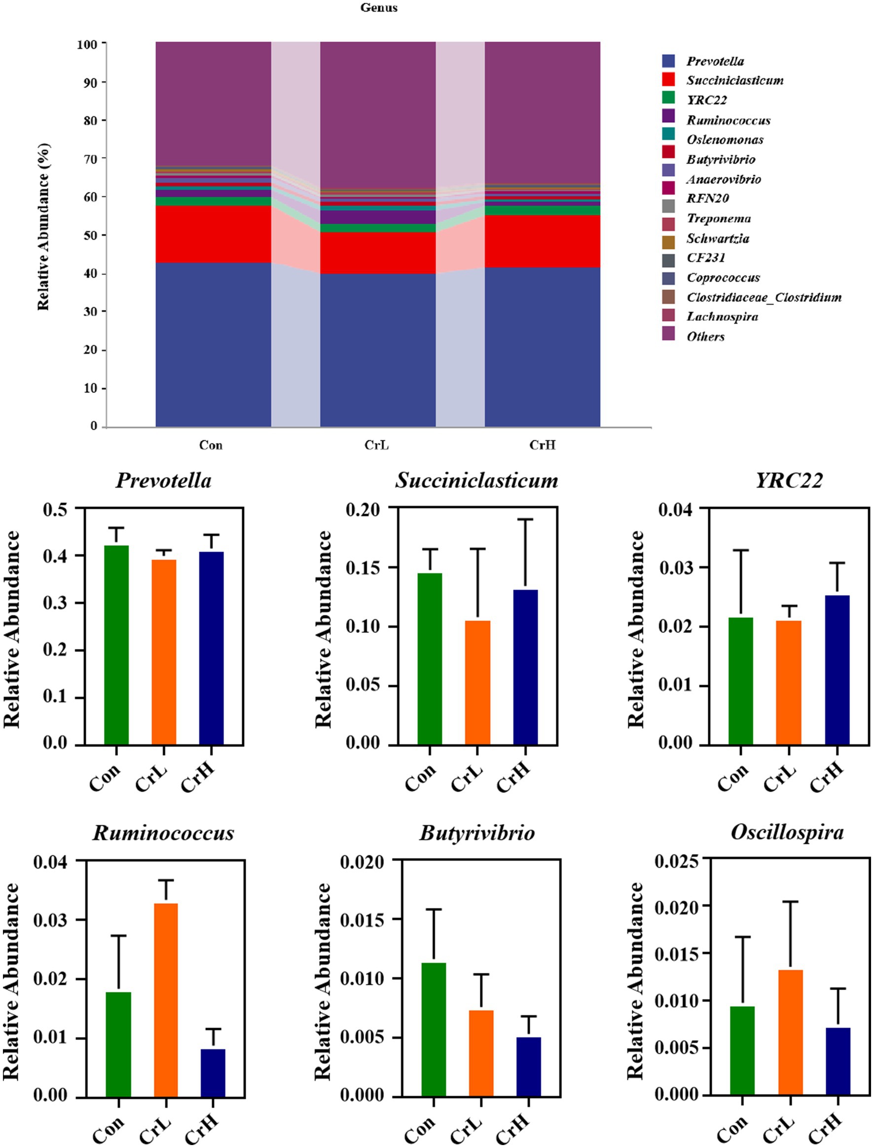 Bar chart and six individual bar graphs display the relative abundance of various bacterial genera across three groups: Con, CrL, and CrH. The top chart shows overall genus distribution, while each smaller graph highlights specific genera: Prevotella, Succiniclasticum, YRC22, Ruminococcus, Butyrivibrio, and Oscillospira. Bars are color-coded for each group, with standard deviation depicted by error bars.