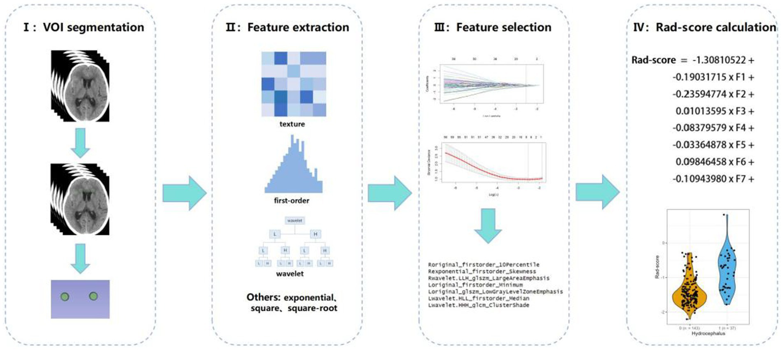 Flowchart illustrating radiomics analysis. Phase I: Volume of interest (VOI) segmentation using brain scan images. Phase II: Feature extraction including texture, first-order, wavelet, and other functions. Phase III: Feature selection with graphs showing statistical analysis. Phase IV: Rad-score calculation with formula and violin plot comparing scores for hydrocephalus presence.
