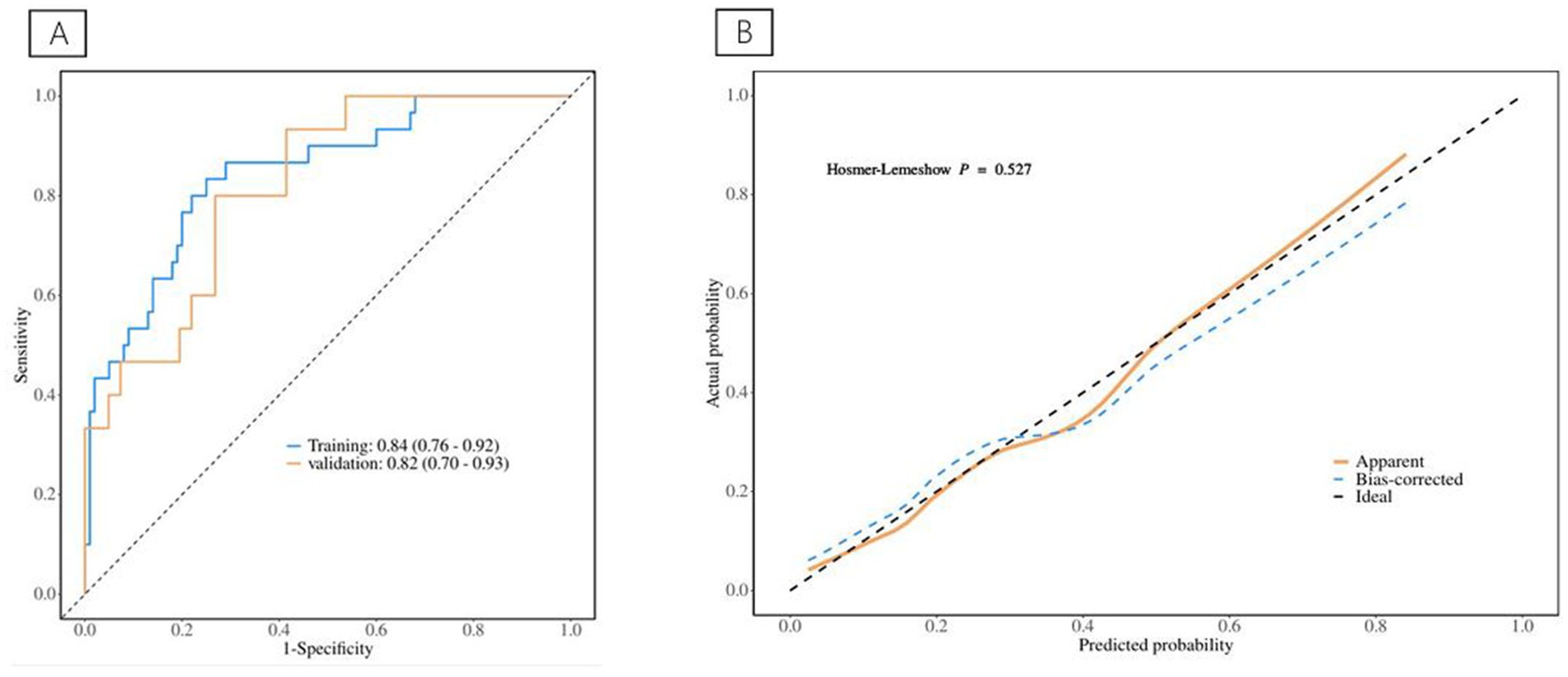 Panel A shows a Receiver Operating Characteristic (ROC) curve with sensitivity on the y-axis and one minus specificity on the x-axis, demonstrating training and validation data areas under the curve of 0.81 and 0.77, respectively. Panel B displays a calibration plot comparing actual probability against predicted probability, indicating apparent, bias-corrected, and ideal calibration lines, with a Hosmer-Lemeshow P-value of 0.458.