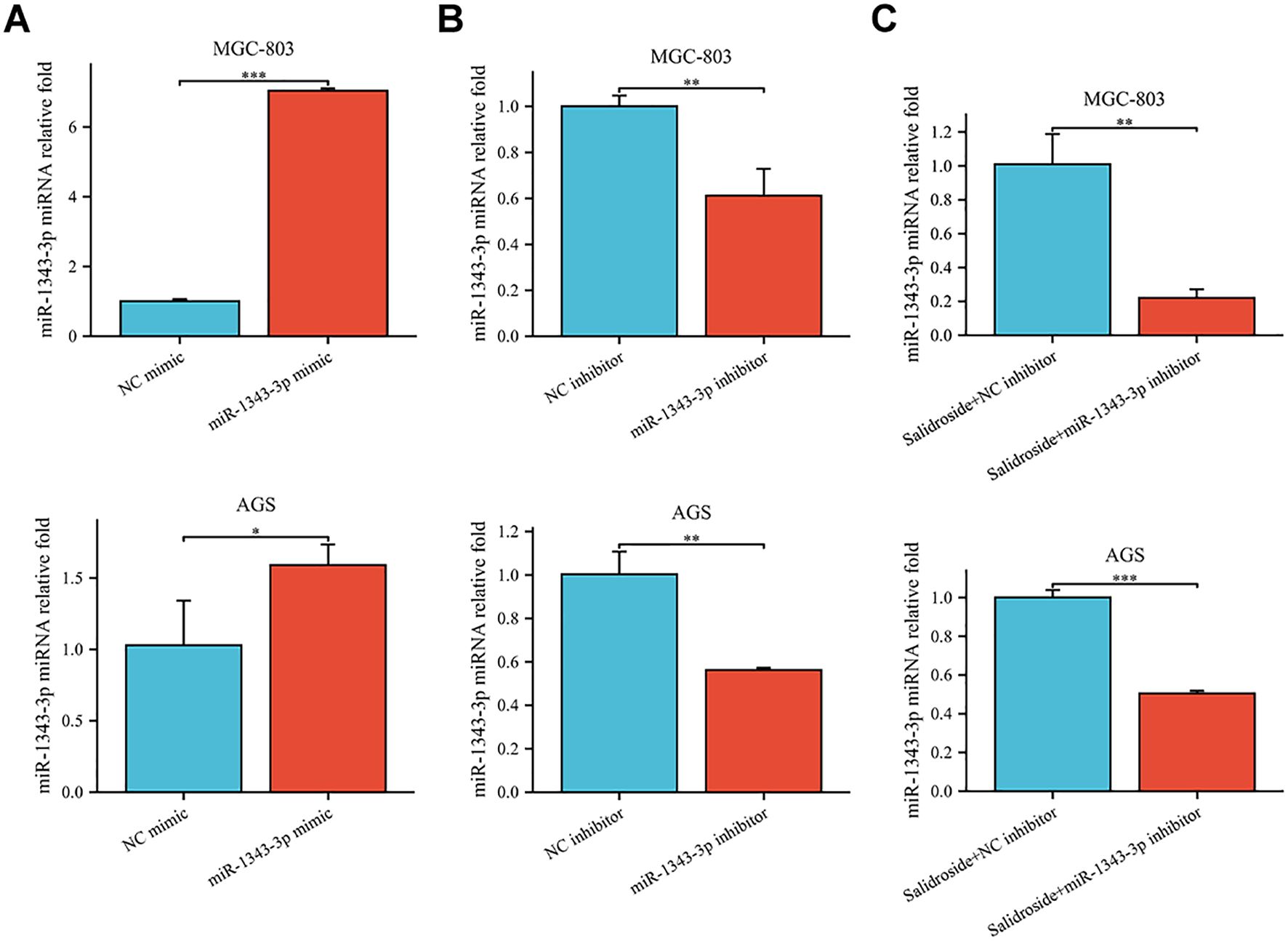 Bar charts display miR-1343-3p miRNA relative fold changes in MGC-803 and AGS cells across three conditions: mimic (A), inhibitor (B), and Salidroside plus inhibitors (C). Blue bars represent control, and red bars indicate treatment groups. Significance levels are marked with asterisks.