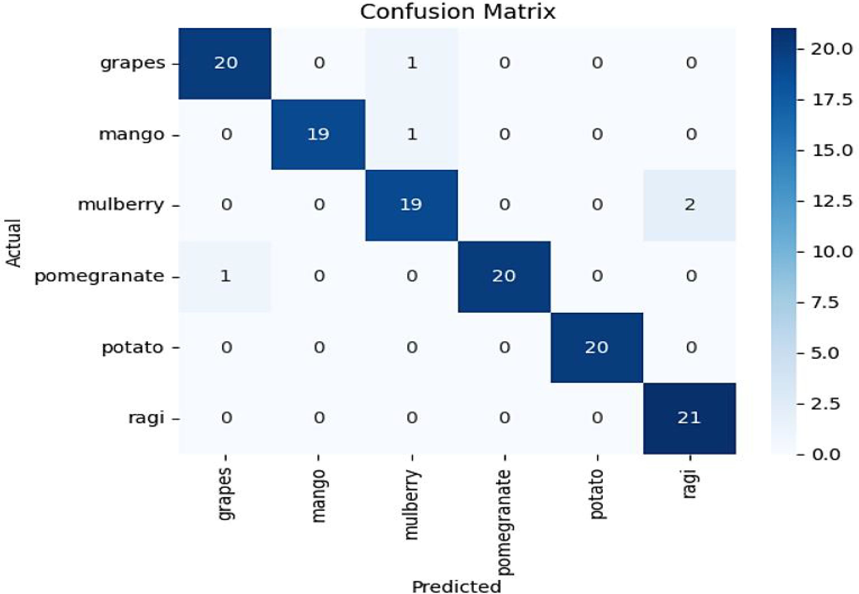 Confusion matrix showing prediction results for six classes: grapes, mango, mulberry, pomegranate, potato, and ragi. High accuracy is indicated by diagonal values such as 20 for grapes and potato, 19 for mango and mulberry, 20 for pomegranate, and 21 for ragi. Off-diagonal values like 1 for actual grapes predicted as pomegranate indicate misclassifications. Color intensity correlates with value magnitude.