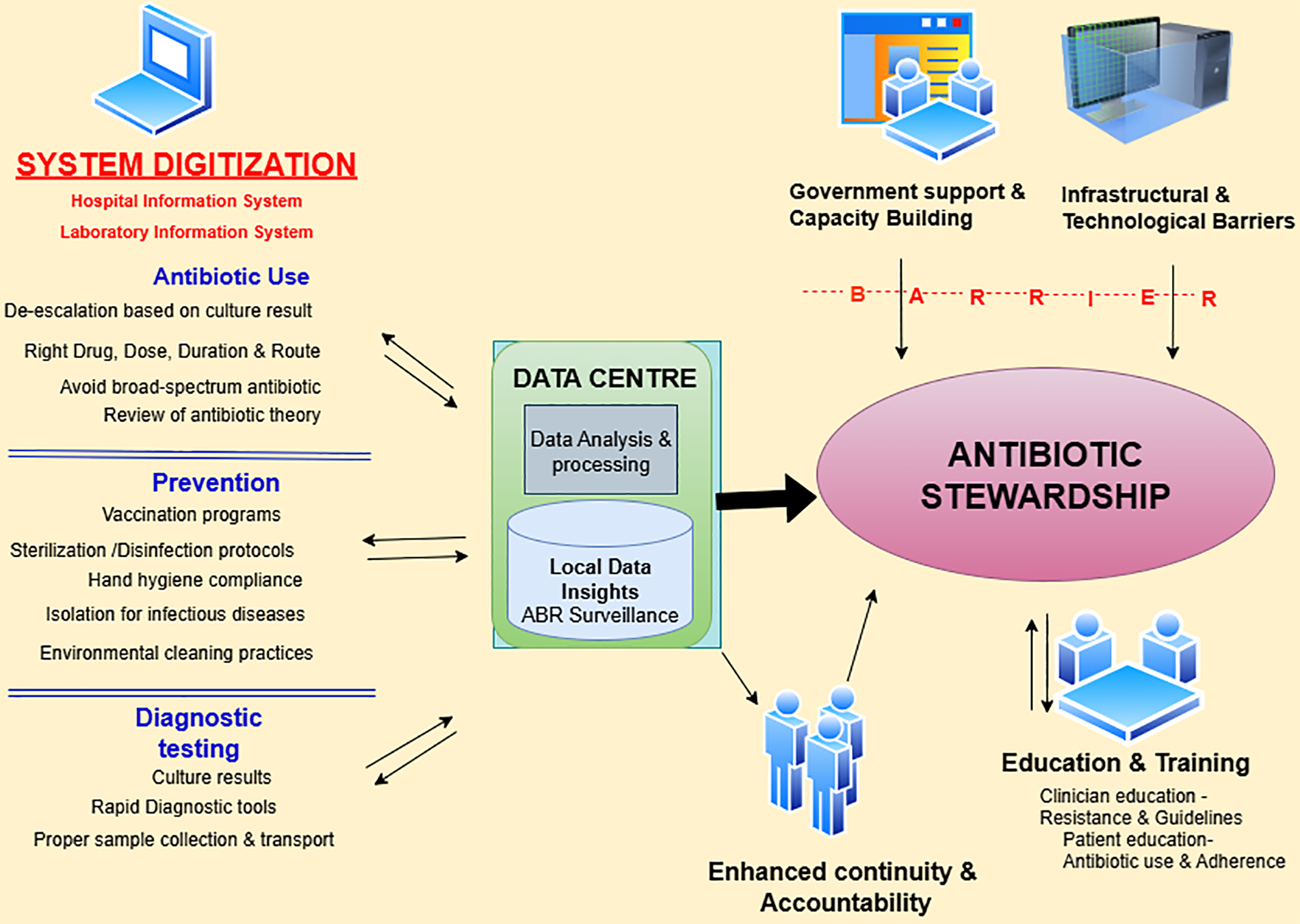 Diagram illustrating antibiotic stewardship through system digitization and data analysis. Key components include antibiotic use, prevention, and diagnostic testing feeding into a data center. Arrows indicate processes such as data analysis and local data insights, leading to stewardship improvement. Barriers include government support and infrastructural challenges. Enhanced continuity and accountability achieved through education and training.