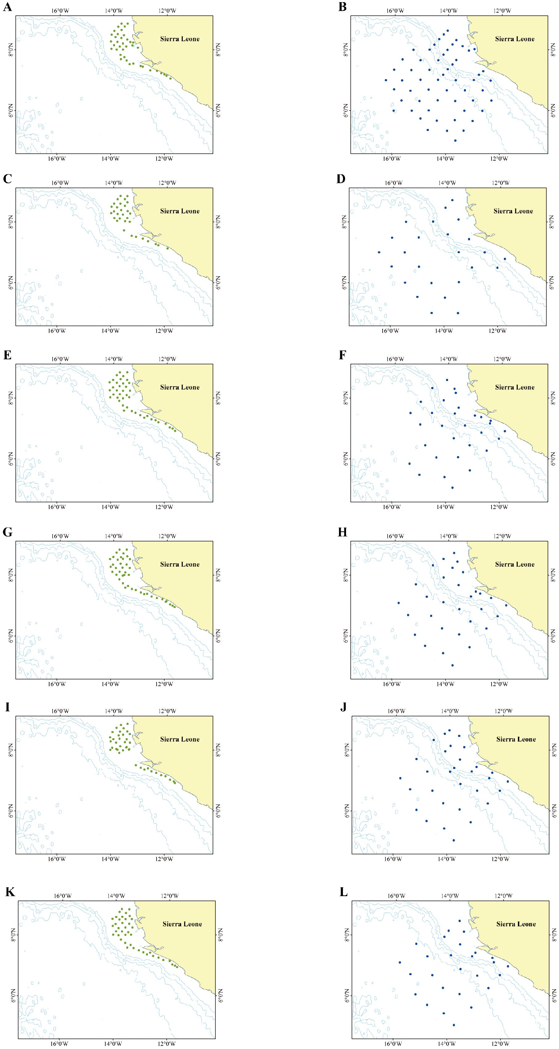 Twelve panels (A to L) show maps depicting the region around Sierra Leone, with data points indicating different sets of locations. Panels A, C, E, G, I, and K display green dots concentrated closer to the shoreline of Sierra Leone. Panels B, D, F, H, J, and L feature blue dots dispersed more widely offshore. Each map has contour lines indicating elevation or depth in the surrounding area. A shaded section highlights Sierra Leone. Maps are arranged in two columns, with odd letters in the left column and even letters in the right.