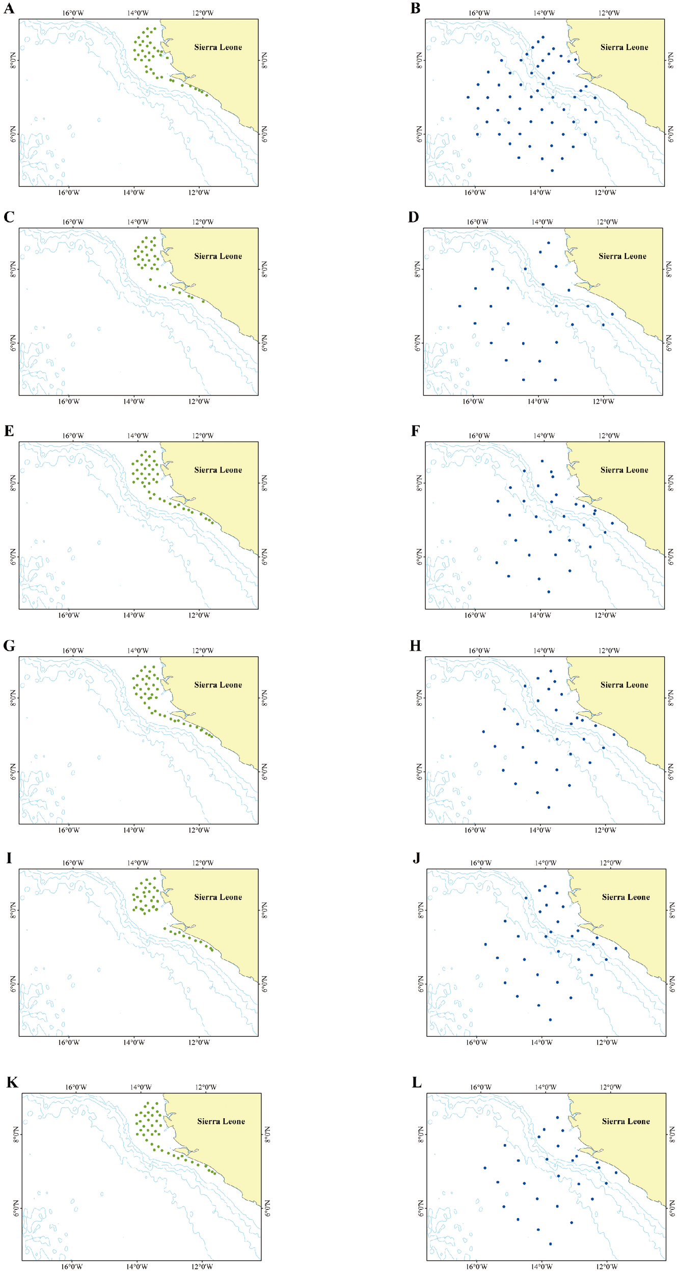 Twelve panels (A to L) show maps depicting the region around Sierra Leone, with data points indicating different sets of locations. Panels A, C, E, G, I, and K display green dots concentrated closer to the shoreline of Sierra Leone. Panels B, D, F, H, J, and L feature blue dots dispersed more widely offshore. Each map has contour lines indicating elevation or depth in the surrounding area. A shaded section highlights Sierra Leone. Maps are arranged in two columns, with odd letters in the left column and even letters in the right.