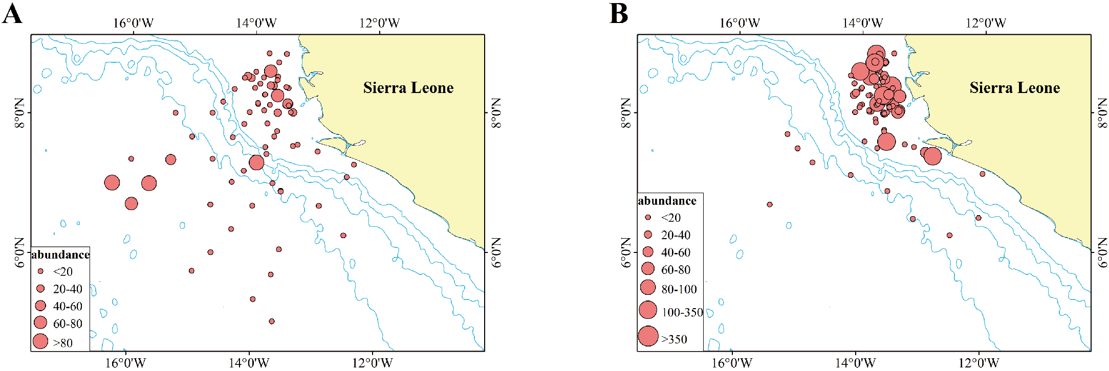 Two maps labeled A and B show the abundance of a species off the coast of Sierra Leone. Both maps use red circles to indicate abundance, with sizes representing various abundance ranges. Map A shows more distributed and smaller circles, while map B shows larger circles clustered near the coast. Sierra Leone is highlighted in yellow.