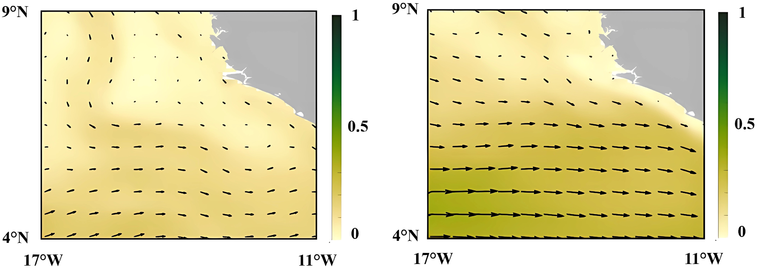 Two adjacent maps show ocean current vectors along the West African coast between 4°N and 9°N. The maps, colored in shades of yellow to green, indicate current magnitude, with darker green representing higher intensity. The left map shows weaker currents compared to the right map, where the vectors are longer, indicating stronger currents. A gradient scale on the right measures magnitude from zero to one.