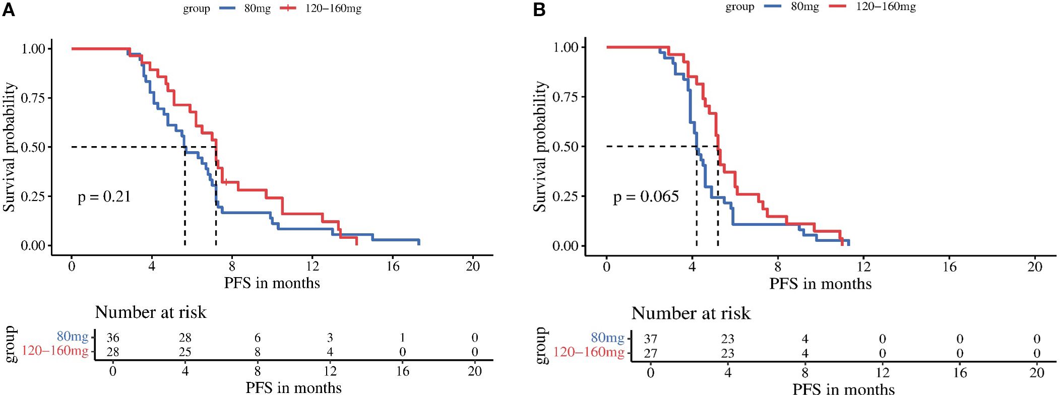Two Kaplan-Meier survival curves (A and B) depict progression-free survival (PFS) in months, comparing two dosage groups: 80 mg (blue) and 120-160 mg (red). Graph A shows a P-value of 0.21, while Graph B shows a P-value of 0.065. The x-axis represents PFS in months, and the y-axis shows survival probability. Below each graph, tables indicate the number at risk over time for each dosage group.