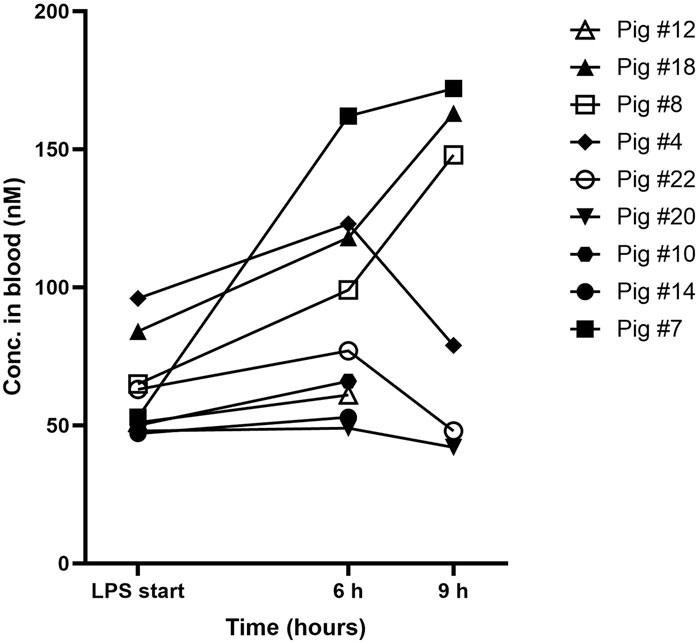 Line graph showing blood concentration in nanomoles per liter for various pigs over time, from LPS start to nine hours. Each pig is represented by different symbols. Concentration generally increases, with variations among pigs.