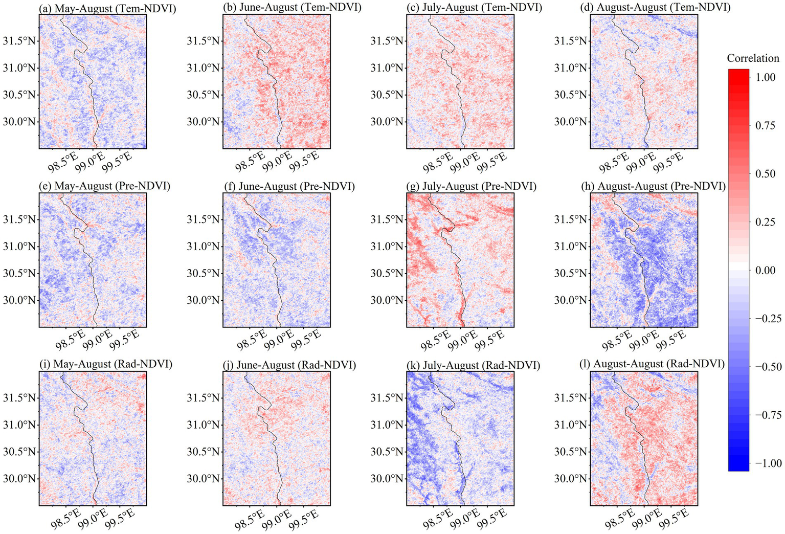 Twelve maps showing correlations between climate variables and NDVI across different times and conditions. Maps (a) to (d) display correlations from May to August labeled “Tem-NDVI.” Maps (e) to (h) show correlations for the same period labeled “Pre-NDVI.” Maps (i) to (l) display “Rad-NDVI” correlations. Color scales range from blue (negative correlation) to red (positive correlation).