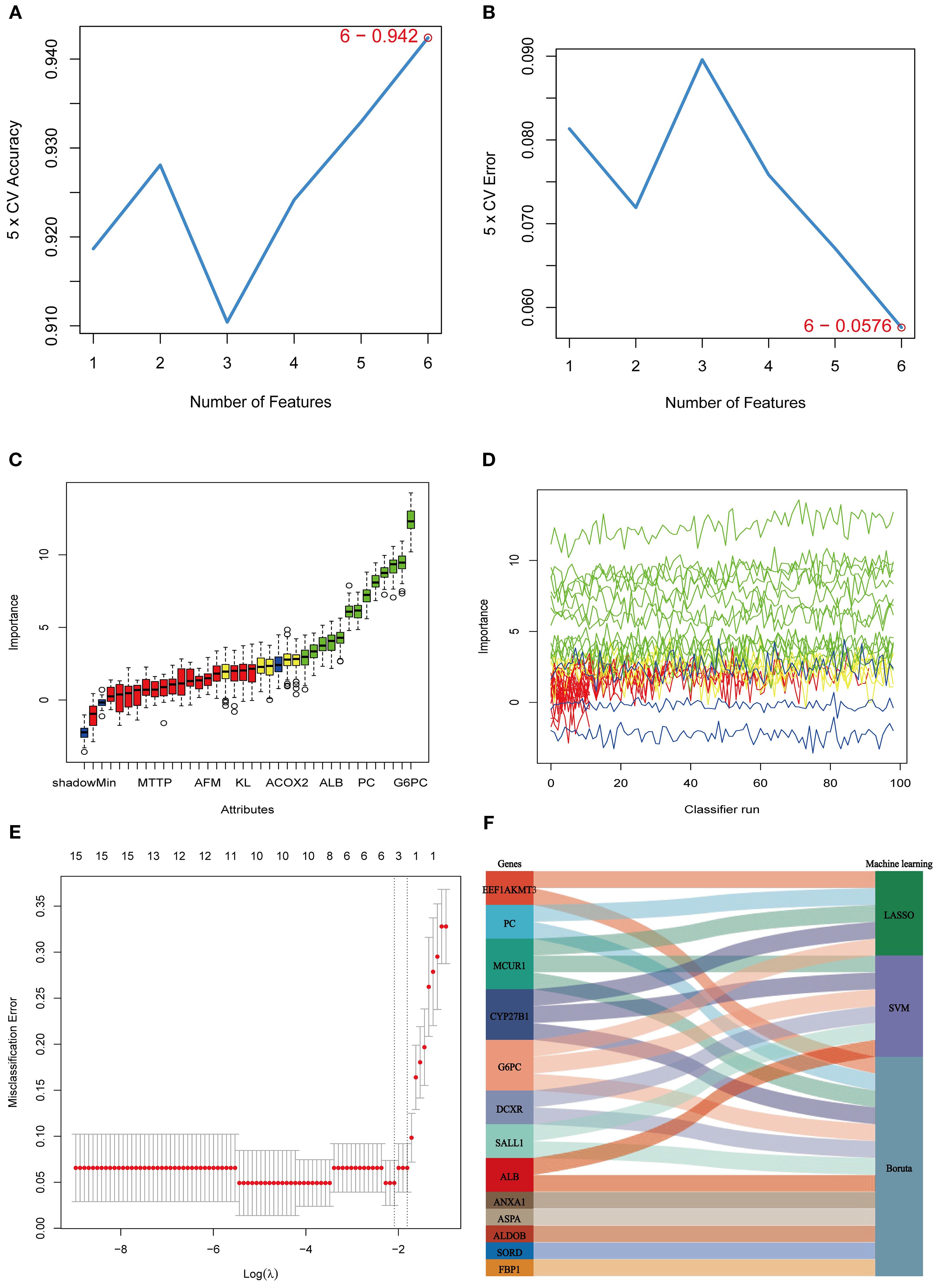Six-panel image depicting feature selection and importance analysis in machine learning. Panel A shows a line graph of 5-fold cross-validation accuracy vs. number of features, peaking at six features with 0.942 accuracy. Panel B shows a 5-fold cross-validation error graph, minimizing at six features with 0.0576 error. Panel C displays a box plot of feature importance across attributes, with G6PC being the most important. Panel D is a line chart showing importance stability over 100 classifier runs. Panel E shows misclassification error vs. log(lambda) in a LASSO model, highlighting minimal error. Panel F is a Sankey diagram linking genes to machine learning methods.