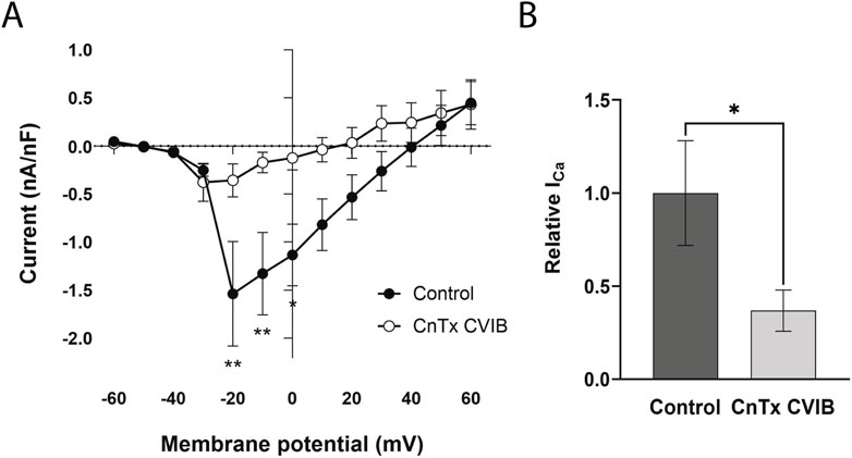 Panel A shows a graph of current density versus membrane potential, comparing control and CnTx CVIB conditions. Control data shows a downward curve indicating the increase in current at negative potentials. CnTx CVIB data displays less current. Panel B shows a bar graph comparing relative Ica between control and CnTx CVIB, with control having significantly higher values. Error bars indicate variability.