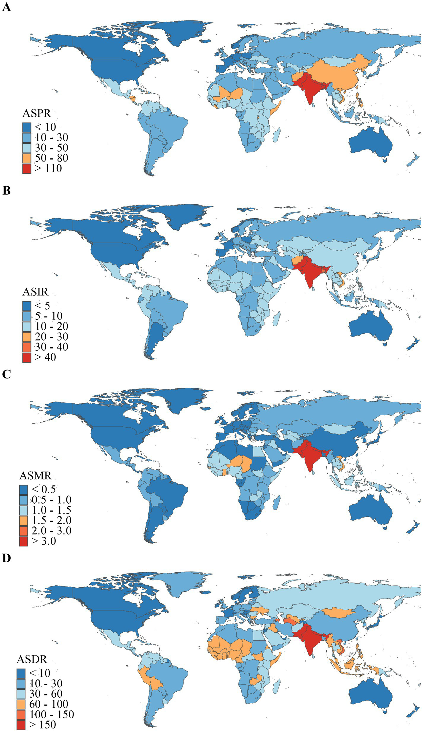 Four world maps labeled A to D display geographic distribution data with color gradients. Map A shows Age-Standardized Prevalence Rate (ASPR), Map B displays Age-Standardized Incidence Rate (ASIR), Map C illustrates Age-Standardized Mortality Rate (ASMR), and Map D shows Age-Standardized Disability Rate (ASDR). Each map uses a color scale to represent data ranges, with darker colors indicating higher values and lighter colors representing lower values. The maps highlight variations across different regions globally.