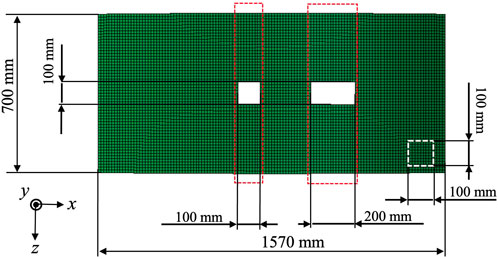 Diagram of a grid with marked dimensions and cutouts. The grid measures 700 millimeters by 1570 millimeters. Two square cutouts are visible, with surrounding red dashed lines indicating sections. Dimensions at various points are labeled as 100 millimeters and 200 millimeters. An axis marker at the bottom left identifies the x, y, and z directions.
