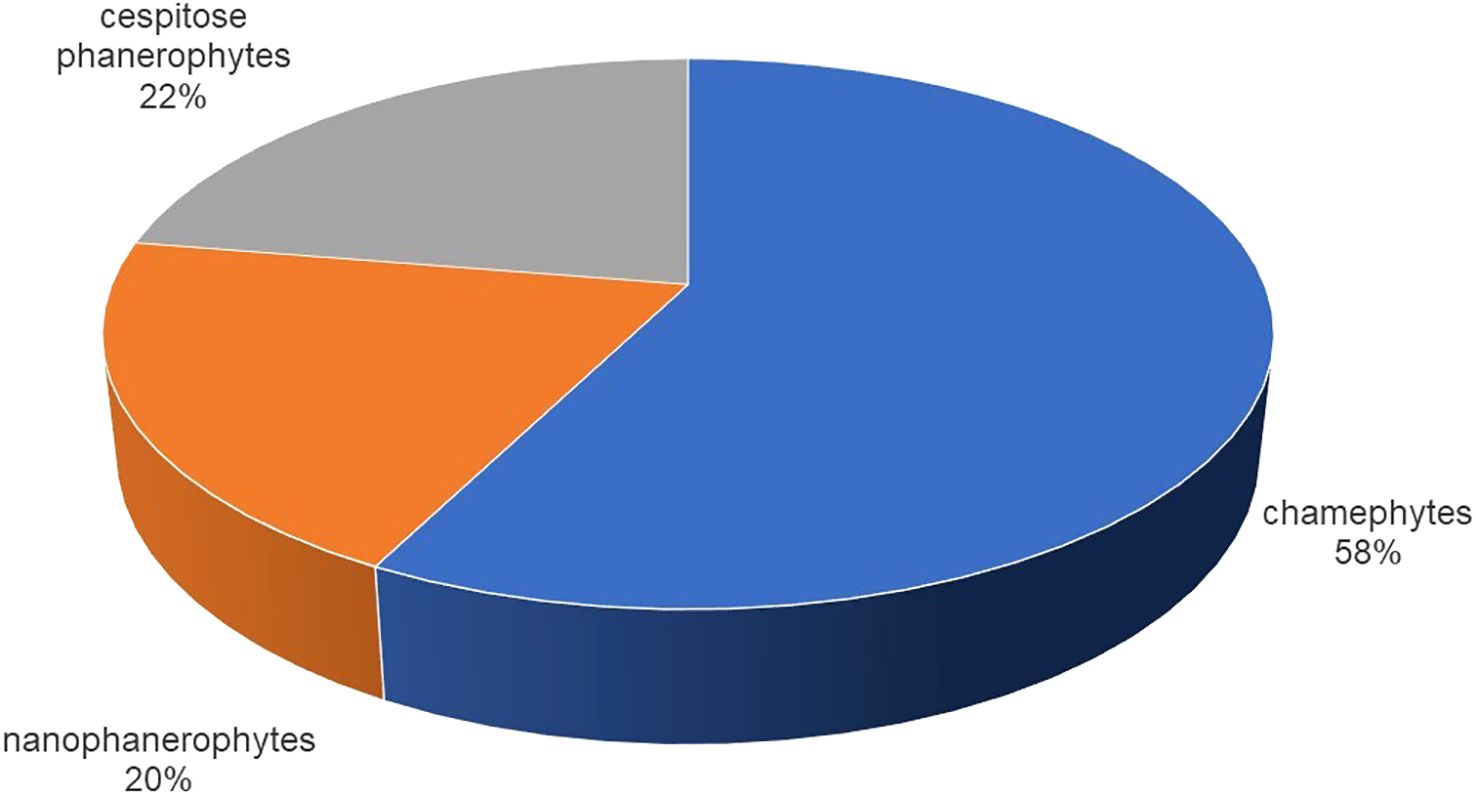 Pie chart showing distribution of three plant types: chamephytes at fifty-eight percent in blue, cespitose phanerophytes at twenty-two percent in gray, and nanophanerophytes at twenty percent in orange.