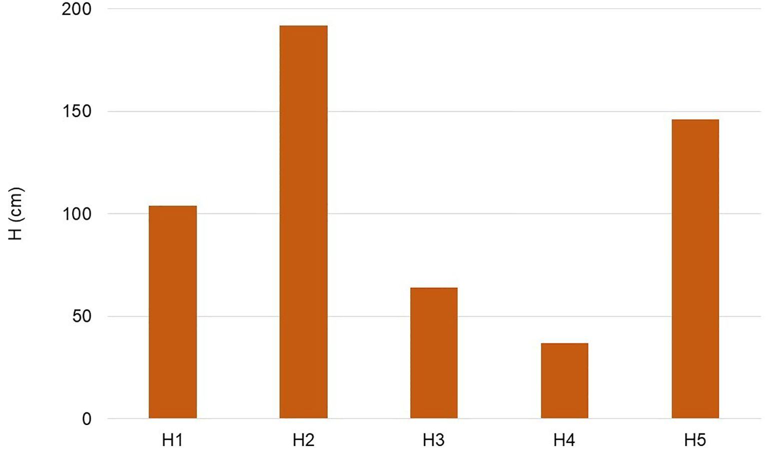 Bar chart displaying heights in centimeters for five categories: H1 at 100 cm, H2 at 200 cm, H3 at 75 cm, H4 at 50 cm, and H5 at 150 cm.