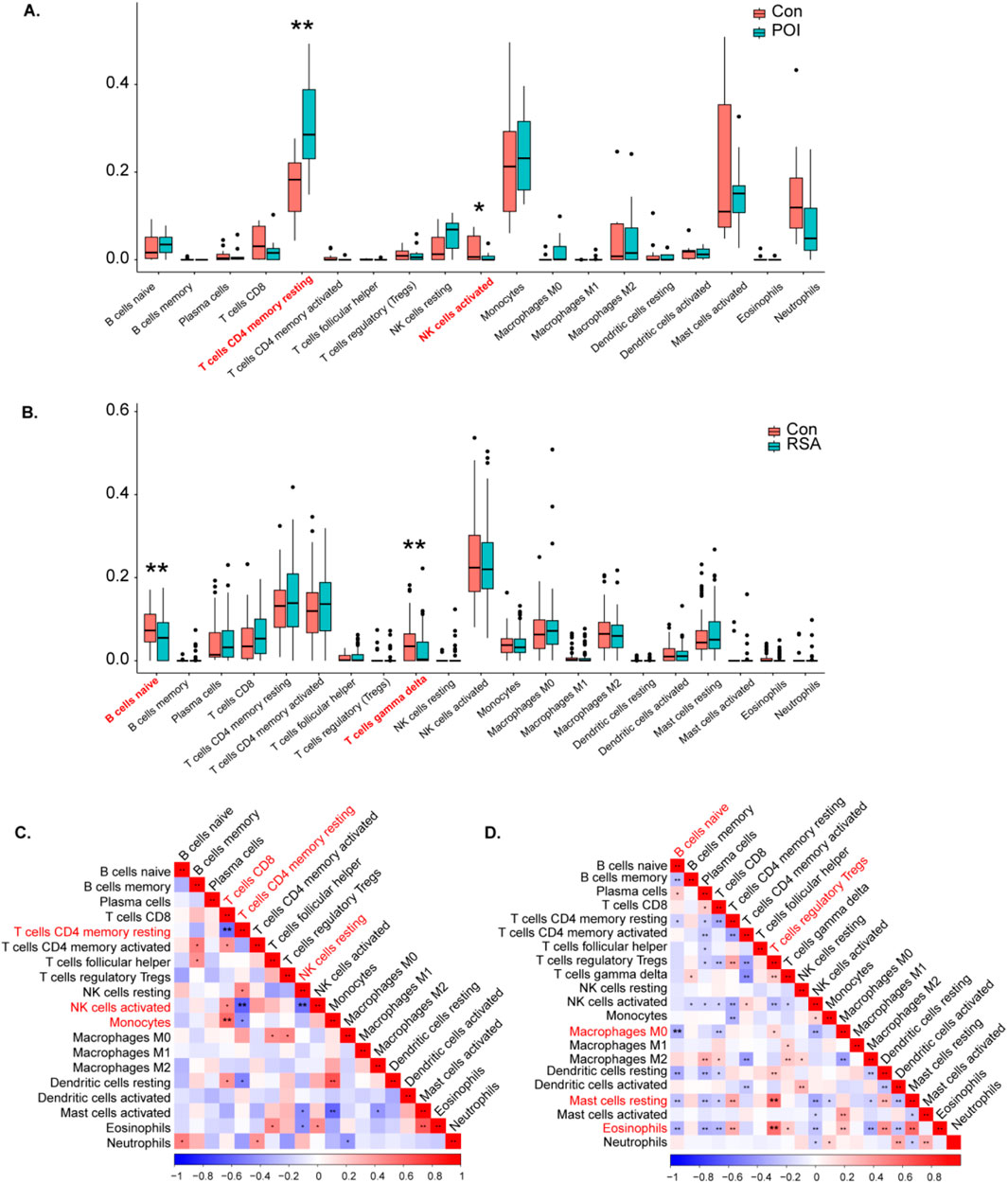 Box plots and heatmaps compare immune cell types in different conditions. Panels A and B show box plots for cell proportion comparisons: Con versus POI, and Con versus RSA. Key differences are marked with asterisks. Panels C and D display heatmaps of cell type correlations under each condition, with color gradients representing correlation strength. Labels are provided for clarity.