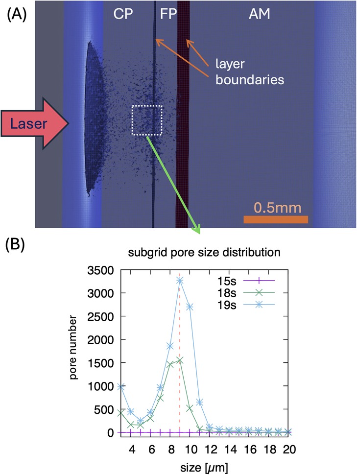 (A) Diagram showing a laser impacting a material with labeled sections: CP, FP, and AM. Layer boundaries are indicated by arrows. (B) Graph depicting subgrid pore size distribution, with three lines representing measurements at 15, 18, and 19 seconds. The x-axis is pore size in micrometers, and the y-axis is pore number, showing distribution peaks around 8 micrometers.
