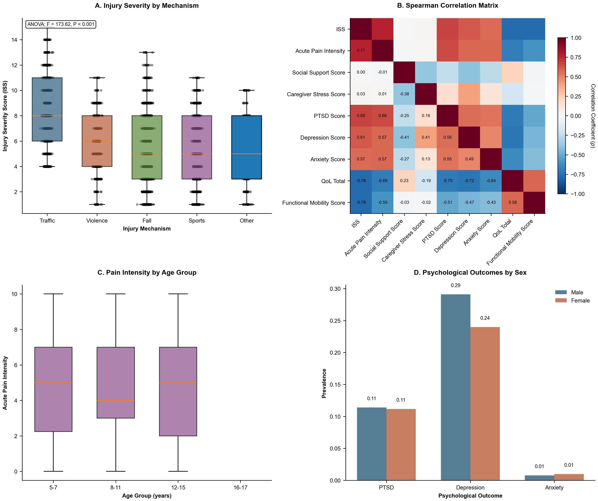 Panel A is a box plot showing injury severity scores by mechanism: traffic, violence, fall, sports, and other. Panel B is a Spearman correlation matrix of various scores, including injury severity and quality of life. Panel C is a box plot depicting acute pain intensity across age groups: 5-7, 8-11, 12-15, and 16-17. Panel D is a bar graph comparing the prevalence of PTSD, depression, and anxiety by sex, with higher depression rates among males.