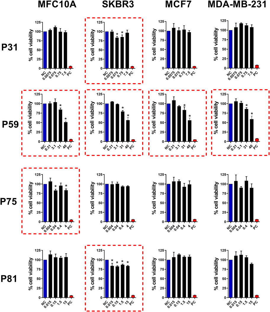 Bar charts showing percent cell viability for four cell lines: MFC10A, SKBR3, MCF7, and MDA-MB-231, across different treatment conditions (NC, varying doses, PC) and passages (P31, P59, P75, P81). Each passage is highlighted with a dashed red box, indicating specific data focus. Viability decreases with increased treatment doses, more markedly in SKBR3 and MCF7 for certain conditions.