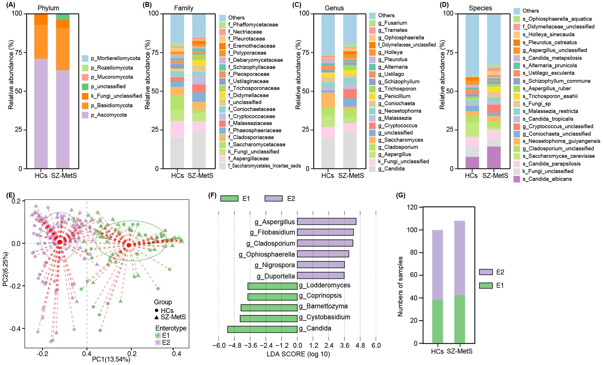 Bar charts show the relative abundance of fungi at different taxonomic levels: (A) phylum, (B) family, (C) genus, and (D) species between healthy controls (HCs) and SZ-MetS groups. (E) PCA plot displays separation of groups based on enterotypes E1 and E2. (F) LDA score bar graph compares fungal genera between enterotypes. (G) Bar chart shows the number of samples in enterotypes E1 and E2 for each group.