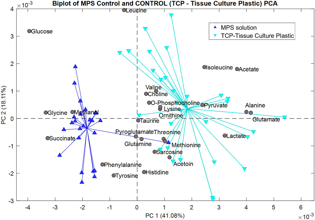 Biplot of MPS Control and Control (TCP - Tissue Culture Plastic) PCA. It displays principal components PC1 and PC2, accounting for 41.08% and 18.11% of variance, respectively. Blue triangles represent MPS solution, and cyan inverted triangles represent TCP. Points like glucose, leucine, and lactate are plotted, with vectors indicating their contributions to the principal components.