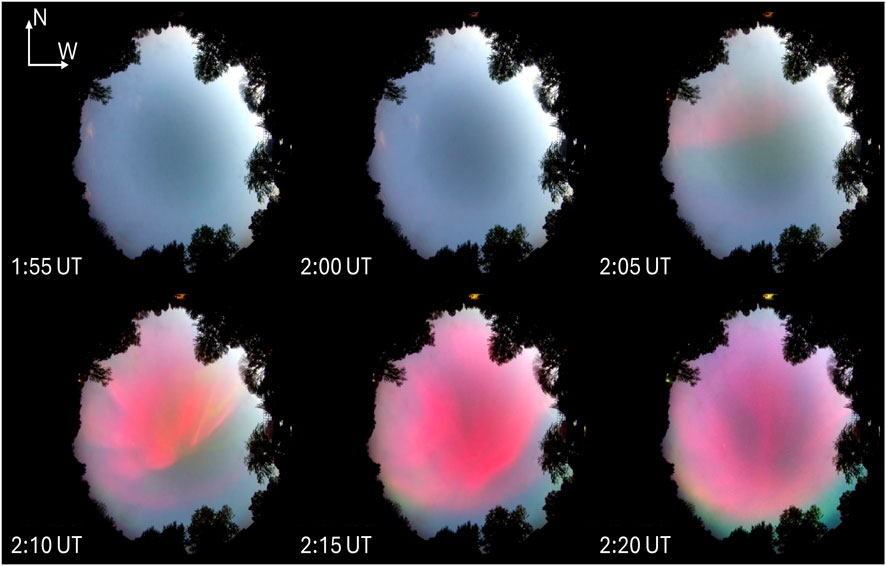 Six-panel image showing the sky view from the same location at different times. Each panel is labeled with Universal Time (UT) from 1:55 to 2:20. The sky transitions from light blue to vivid pink and red hues, surrounded by silhouetted trees.