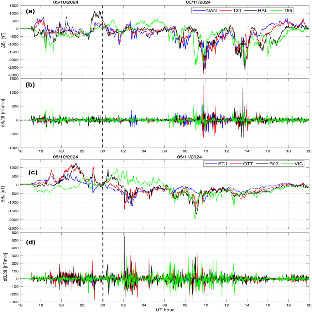 Four-panel graph showing geomagnetic field variations over time for May 10 to 11, 2024. Panels (a) and (c) display ∆B in nanotesla (nT) with different colored lines representing various locations: NAN, T31, RAL, T55, STJ, OTT, R03, VIC. Panels (b) and (d) show dB/dt in nT per minute, also differentiated by color. The vertical dashed line marks midnight between the two dates. Each panel covers the time from 16 to 20 hours UT.