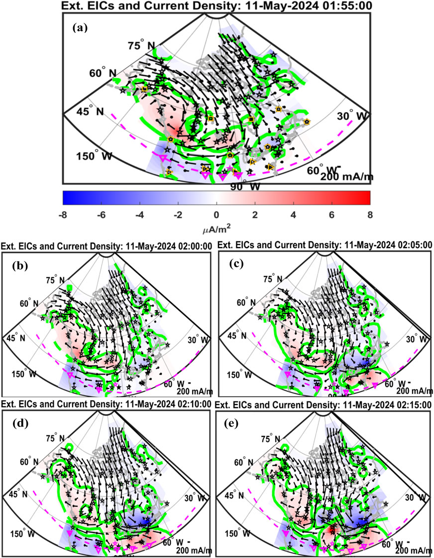 Five graphs display external electric currents (EICs) and current density over the northern hemisphere on May 11, 2024, at different times between 01:55 and 02:15. Each graph shows vectors, contour lines, and color gradients representing varying current densities. The scale ranges from negative values in blue to positive in red.