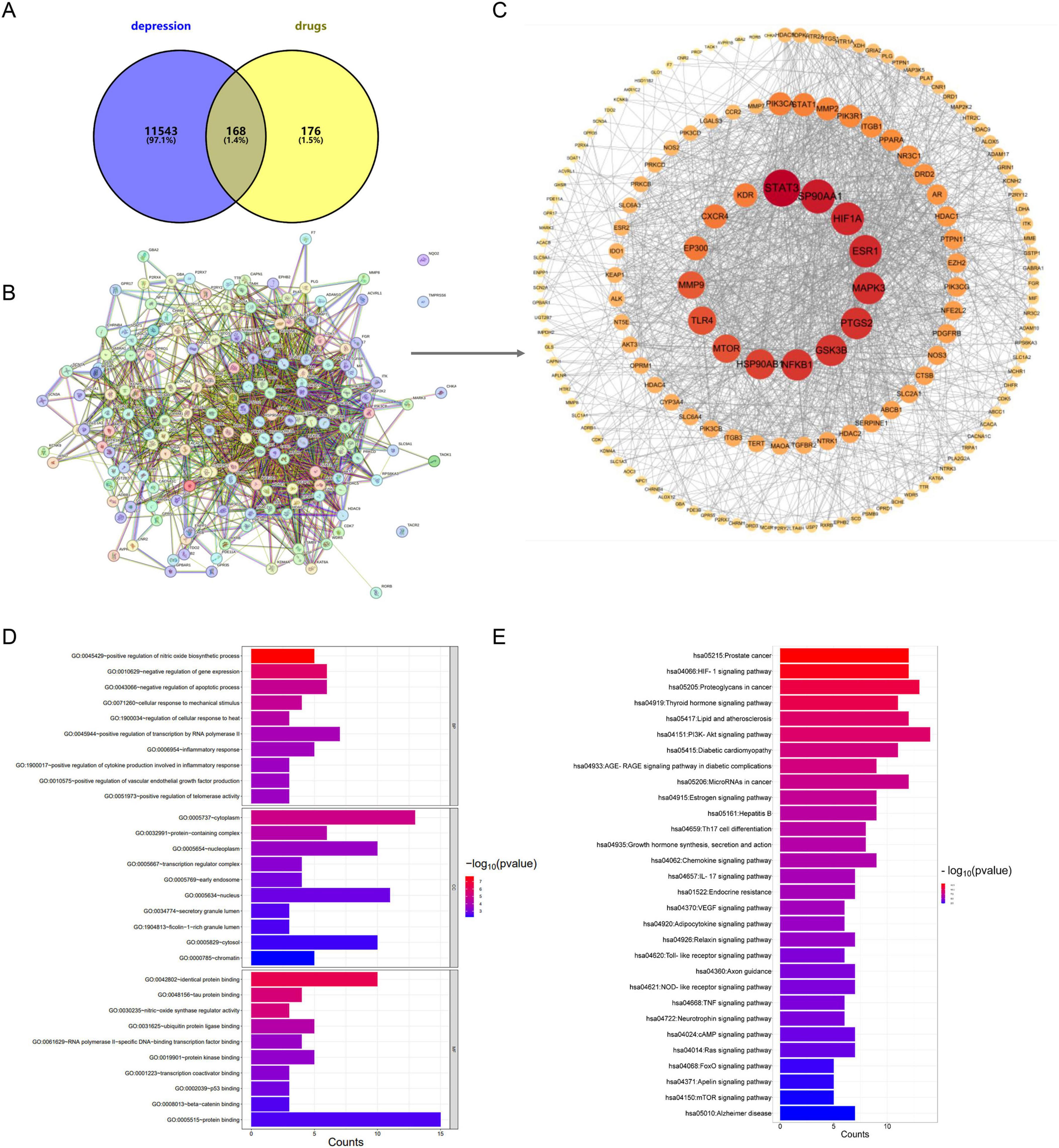 A comprehensive visualization featuring five parts: A) A Venn diagram with blue and yellow circles indicating overlap between genes related to depression (11,543) and drugs (176), with 168 shared. B) A complex network diagram of gene interactions. C) A target gene identification network, highlighting central genes in red. D) A bar graph showing the Gene Ontology (GO) analysis, indicating significant biological processes. E) A bar graph depicting KEGG pathway enrichment analysis, highlighting significant pathways. Each graph uses color gradients to indicate significance levels.