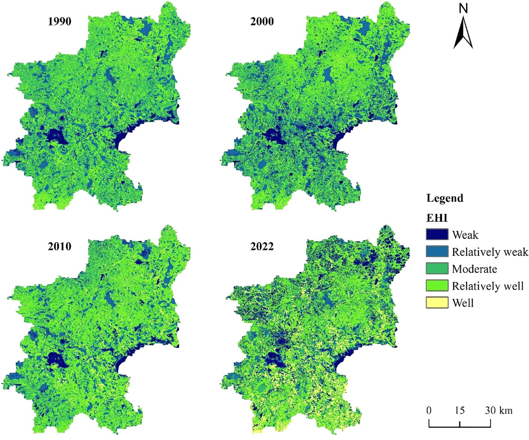 Four maps depict changes in ecological health from 1990 to 2022. The color gradient from dark blue to yellow represents varying levels of environmental health: weak, relatively weak, moderate, relatively well, and well. Each map shows progress or change over the years, with 1990, 2000, 2010, and 2022 labeled. A legend and scale bar are included.