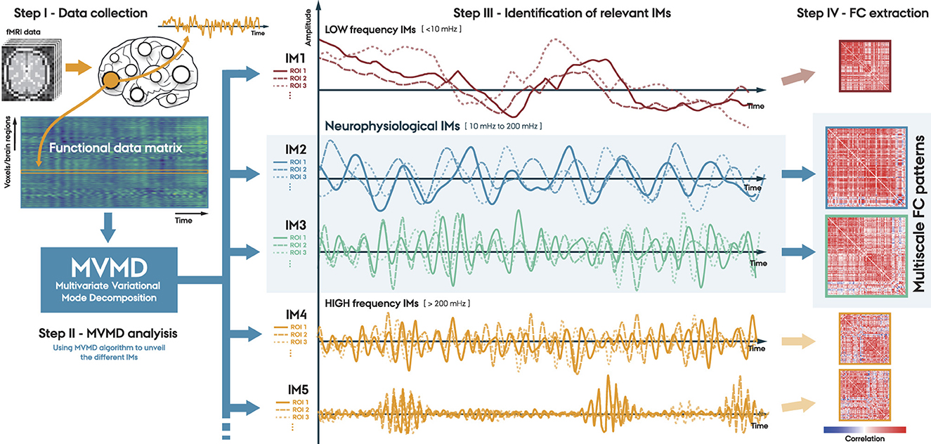 Flowchart illustrating a four-step process for brain data analysis. Step I shows data collection from fMRI and creation of a functional data matrix. Step II involves MVMD analysis to decompose data into intrinsic modes (IMs). Step III identifies relevant IMs, categorized into low, neurophysiological, and high frequency. Step IV depicts FC extraction, resulting in multiscale FC patterns visualized as correlation matrices.