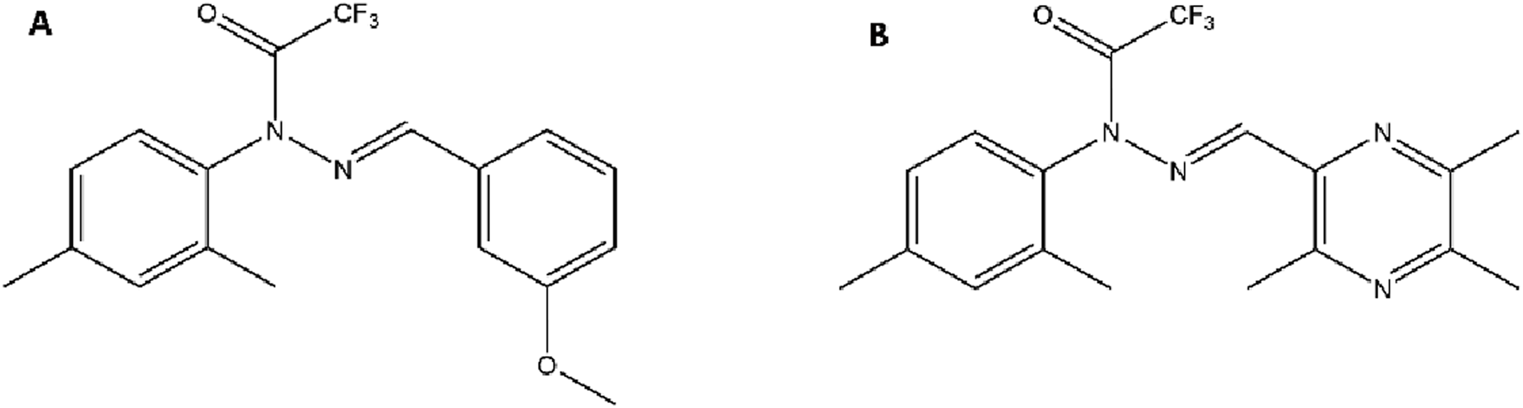 Chemical structures labeled A and B. Structure A shows a trifluoromethyl oxadiazole group connected to a phenyl ring with methoxy and methyl groups. Structure B shows a pyridine-based compound with a trifluoromethyl group and additional nitrogen heteroatoms.