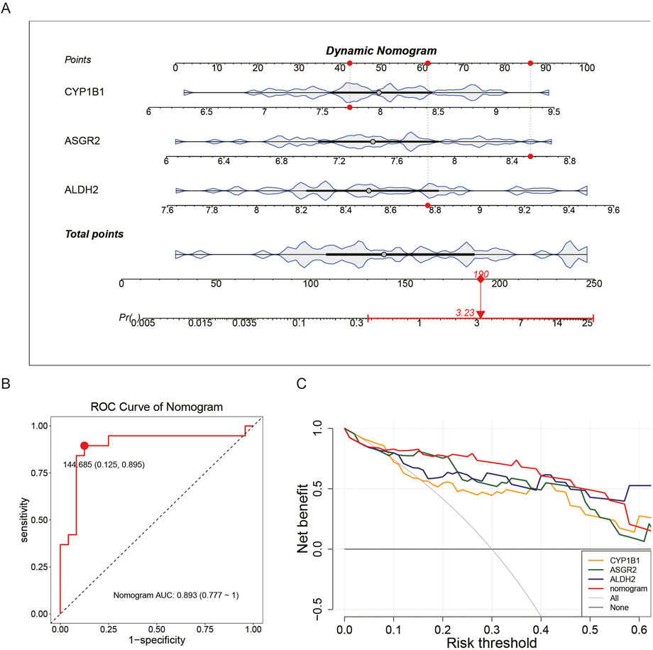 Panel A presents a dynamic nomogram combining points for CYP1B1, ASGR2, and ALDH2, translating into total points and probability. Panel B shows a ROC curve of the nomogram with an AUC of 0.893, marked at 144.685 points for high sensitivity and specificity. Panel C illustrates net benefit across risk thresholds for individual markers and the nomogram, comparing strategies labeled