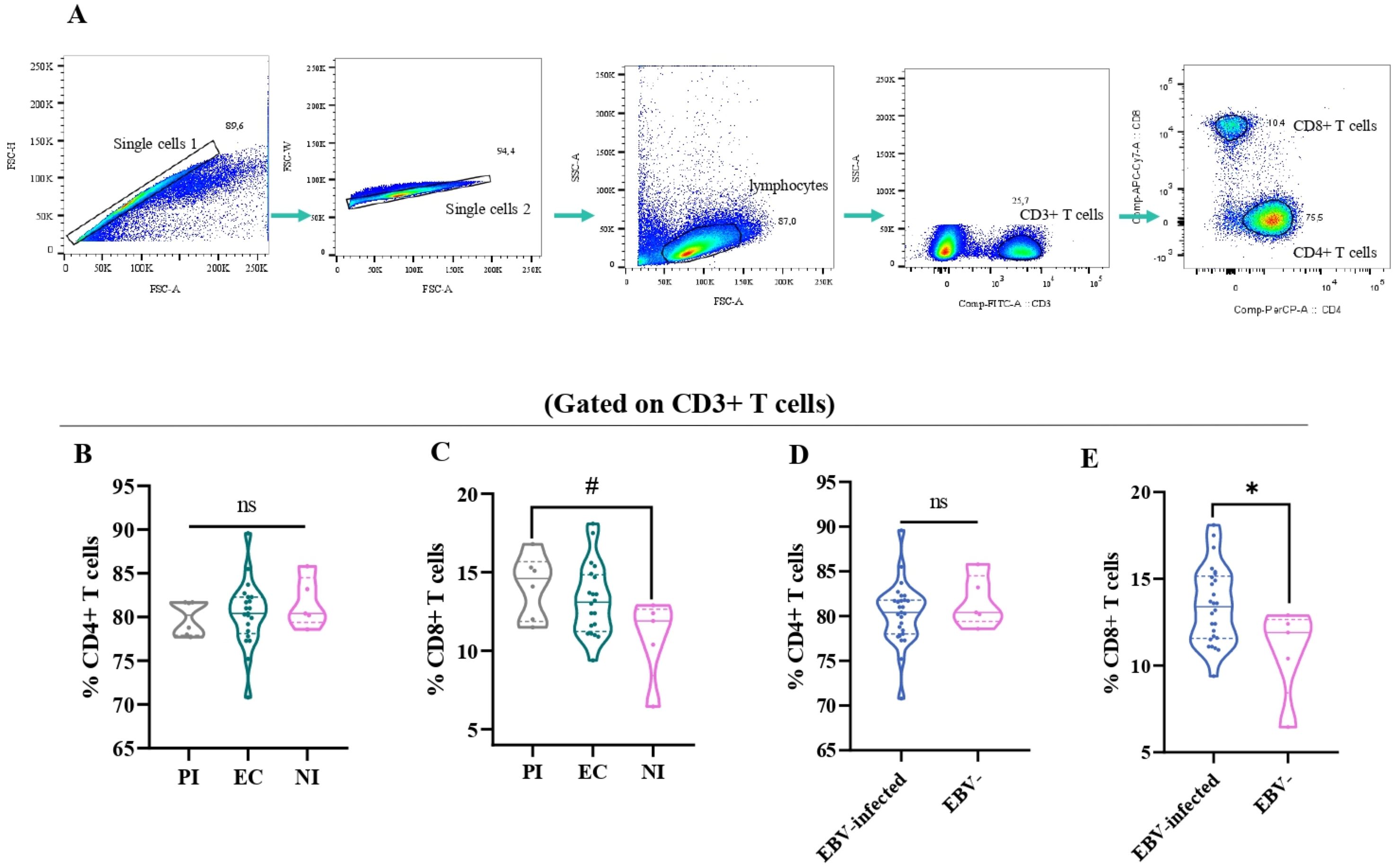 Flow cytometry plots and violin plots analyzing T cells. Panel A shows gating strategy to identify single cells and subsets like lymphocytes, CD3+, CD4+, and CD8+ T cells. Panels B-E display violin plots indicating percentages of CD4+ and CD8+ T cells across different conditions. Comparisons in CD4+ and CD8+ T cell percentages are presented, with significance marked as ns (not significant), #, and * in panels B, C, D, and E.