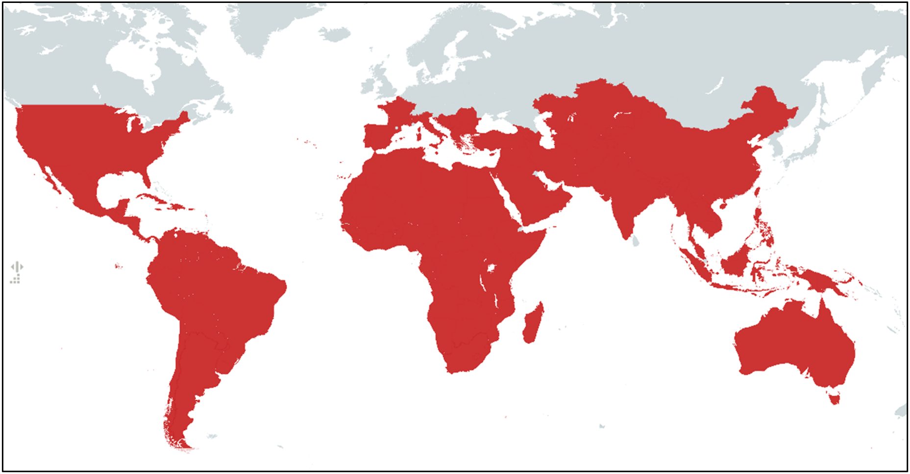 World map highlighting regions in red, covering North and South America, Africa, parts of Europe, Asia, and Australia. The highlighted areas suggest widespread distribution across several continents.