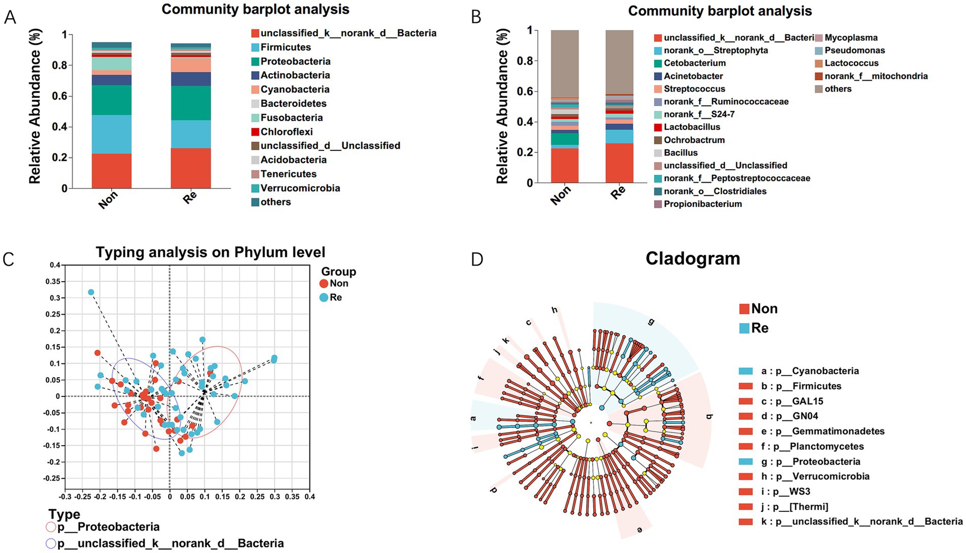 Bar plots and graphs depicting microbial community analysis. Panel A shows relative abundance of various phyla for Non and Re groups using different colors. Panel B presents a similar analysis at a more refined classification. Panel C is a scatter plot showing typing analysis on the phylum level with red and blue dots indicating Non and Re groups, respectively. Panel D features a cladogram illustrating relationships among different phyla, color-coded for Non and Re groups. Legends identify specific microorganisms associated with each color.