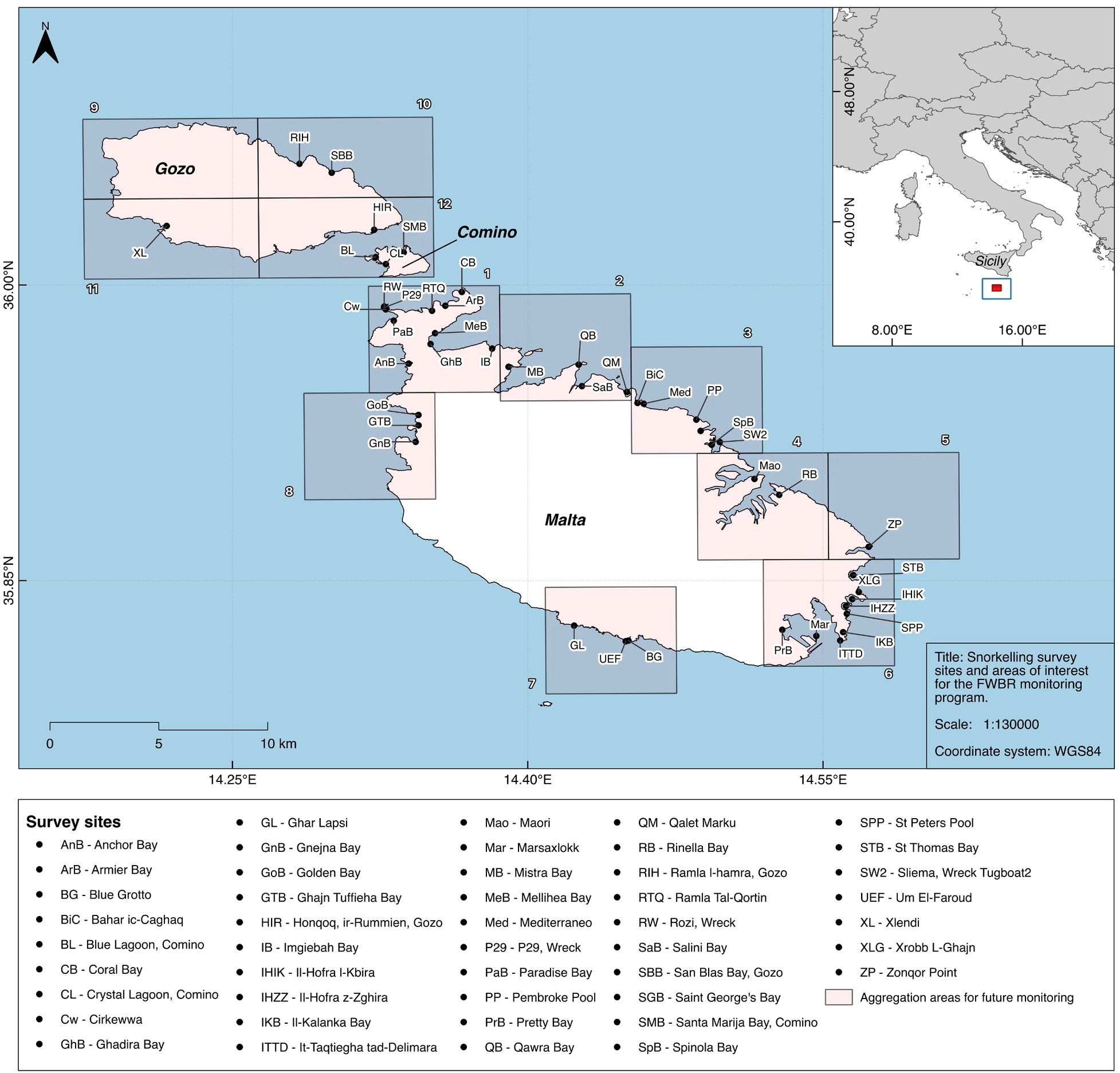 Map showing snorkeling survey sites and areas of interest for the FWRB monitoring program around Malta, Gozo, and Comino. Various locations are marked, such as Anchor Bay and Paradise Bay. Inset map shows Malta’s location relative to Italy. Scale is 1:130,000, using WGS84 coordinate system.