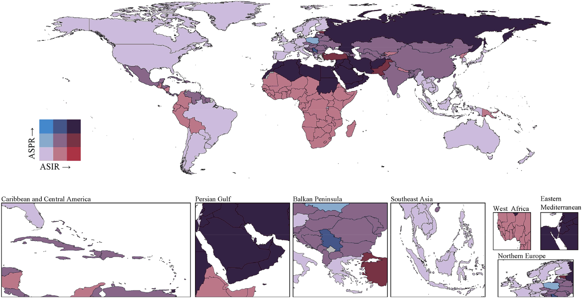 World map illustrating ASIR and ASPR data with regions shaded in various colors, ranging from red to blue. Insets show Caribbean, Central America, Persian Gulf, Balkan Peninsula, Southeast Asia, West Africa, Eastern Mediterranean, and Northern Europe, highlighting regional variations. A color gradient key indicates data ranges.