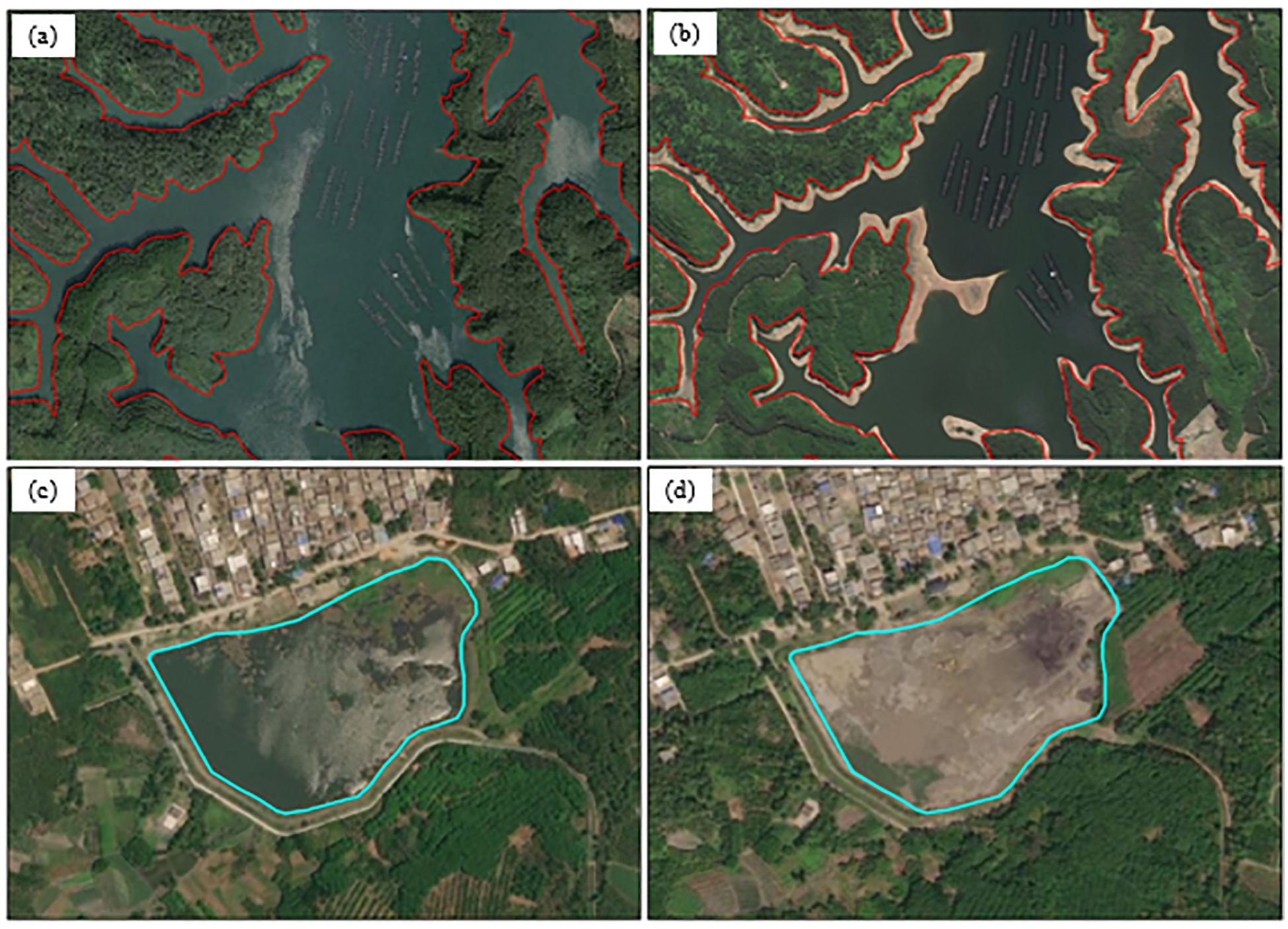 Four satellite images labeled (a) to (d). Images (a) and (b) show a body of water surrounded by dense green vegetation outlined in red. Images (c) and (d) depict a waterbody within a semi-urban area, outlined in blue. Image (c) shows more water compared to image (d), indicating changes over time.