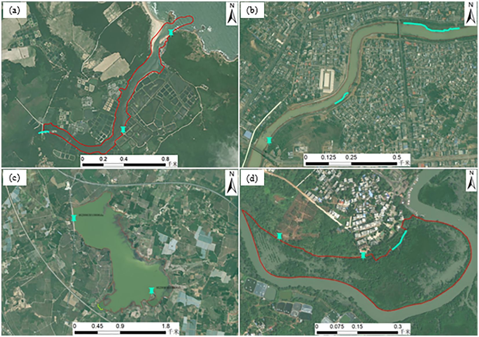 Four satellite images labeled (a) to (d). Image (a) shows a coastal area with a red outlined path. Image (b) depicts an urban river scene with a highlighted section. Image (c) features a large body of water with a red demarcation. Image (d) displays a small settlement near a curved river with a marked path. Each image includes a scale for distance reference.