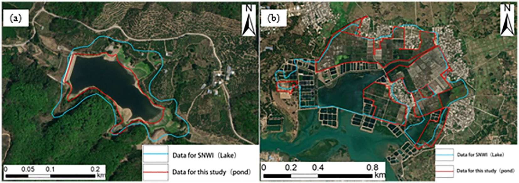 Two aerial maps labeled (a) and (b). Map (a) shows a lake with blue and red outlined areas labeled “Data for SWNI (Lake)” and “Data for this study (pond).” Map (b) displays a developed area surrounding a water body with similar blue and red outlines. Both maps include scale bars and north indicators, showing size and orientation.