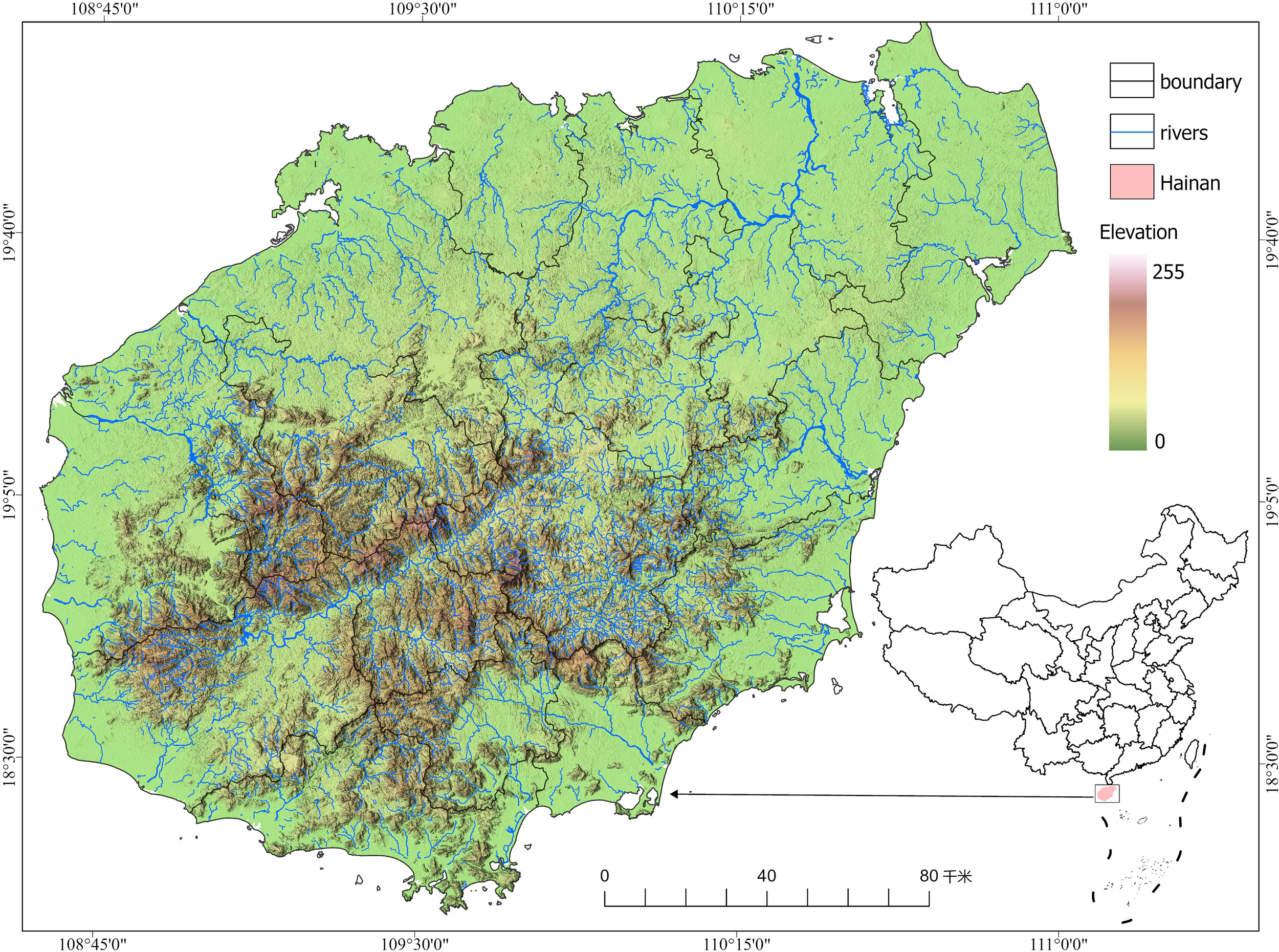 Map of Hainan, showing elevation levels with a gradient from green to red, indicating higher altitudes. Rivers are marked in blue. A small inset map highlights Hainan's location within China. Boundaries are outlined.