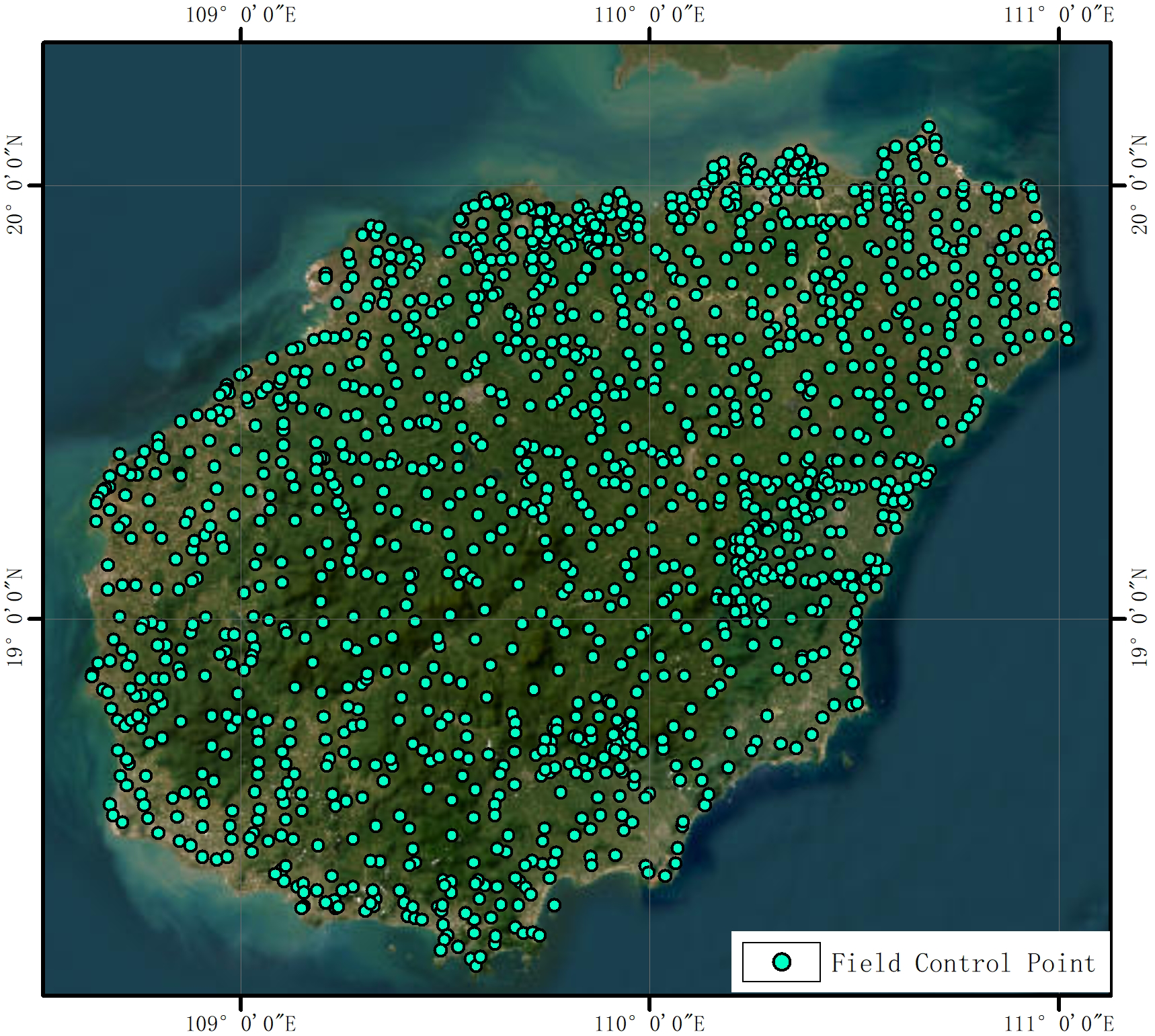 Map displaying numerous turquoise dots representing field control points across a specified geographic area. Coordinates are marked along the edges, and a legend indicates the symbol for field control points.
